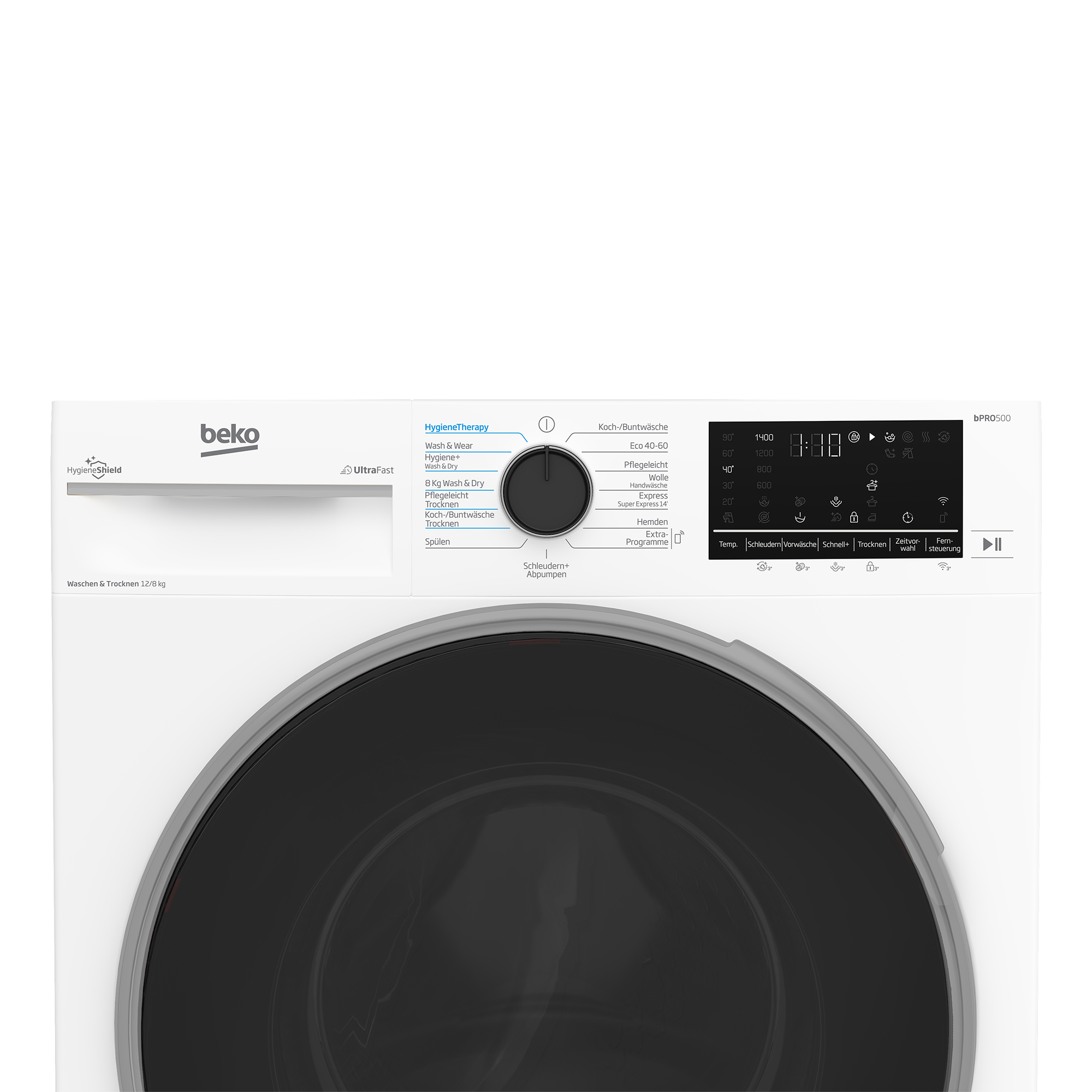 Weiße Beko Waschmaschine mit digitalem Display und Bedienfeld.