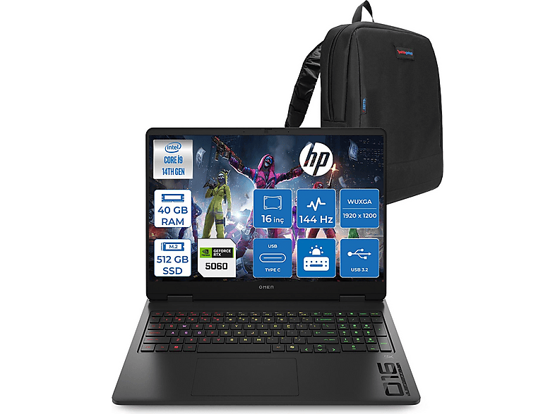 HP Omen 16-AM0033NT RTX5060 8 GB 144 Hz IPS WC39J7EAF19 Intel Core i9-14900HX 40 GB RAM 512 GB SSD 16 inç FreeDOS Laptop+Çanta Siyah