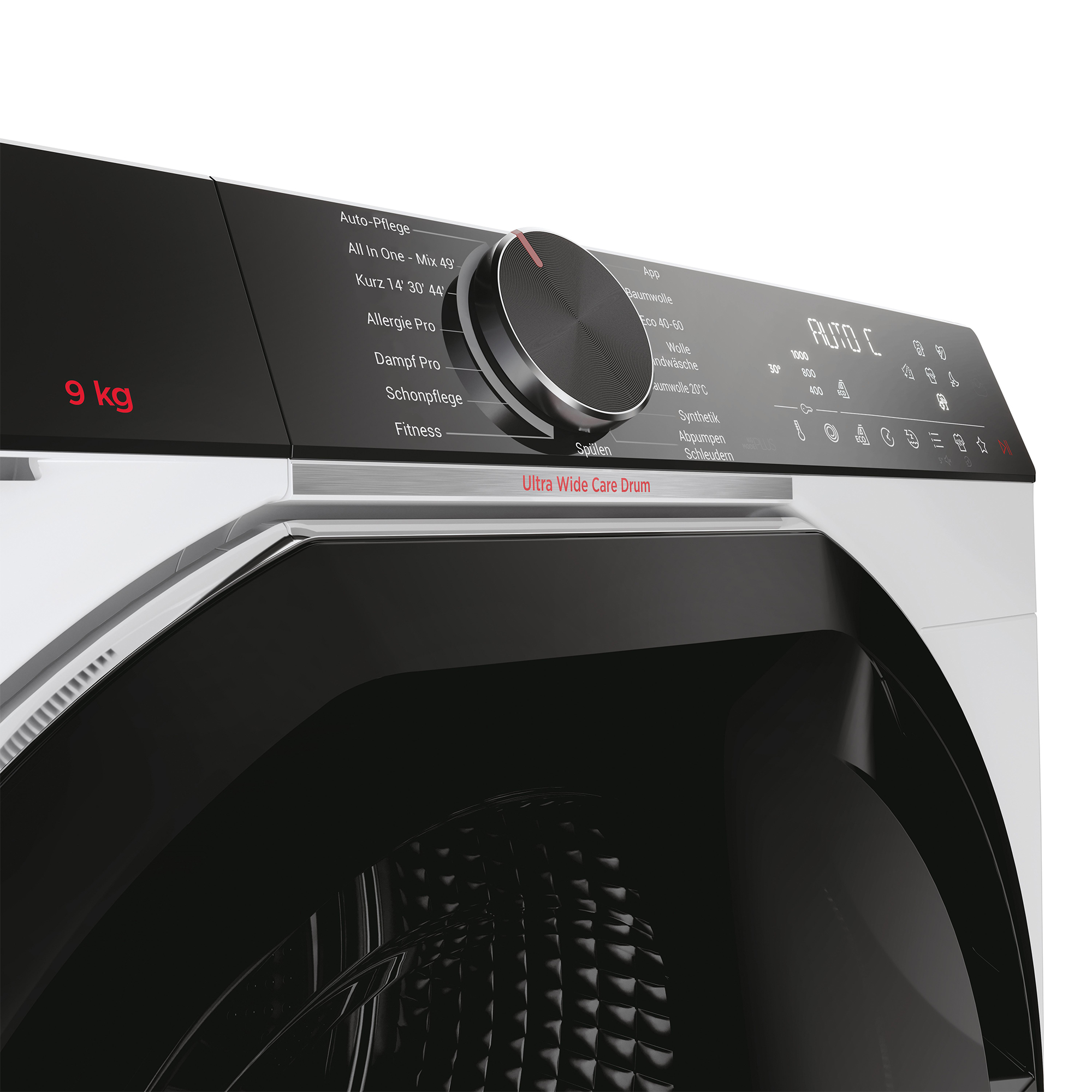 Moderne weiße Waschmaschine mit schwarzer Front und digitalem Display. 9 kg Kapazität.
