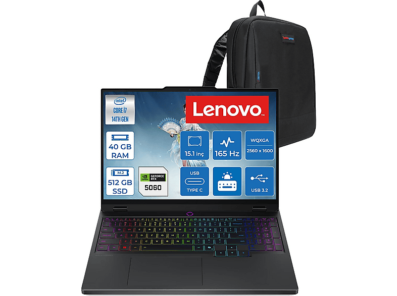 LENOVO Legion 5 15IRX10 RTX5060 8 GB 165 Hz W83LY00KXTRF19 Intel Core i7-14700HX 40 GB RAM 512 GB SSD 15,1 inç FreeDOS Laptop+Çanta Siyah