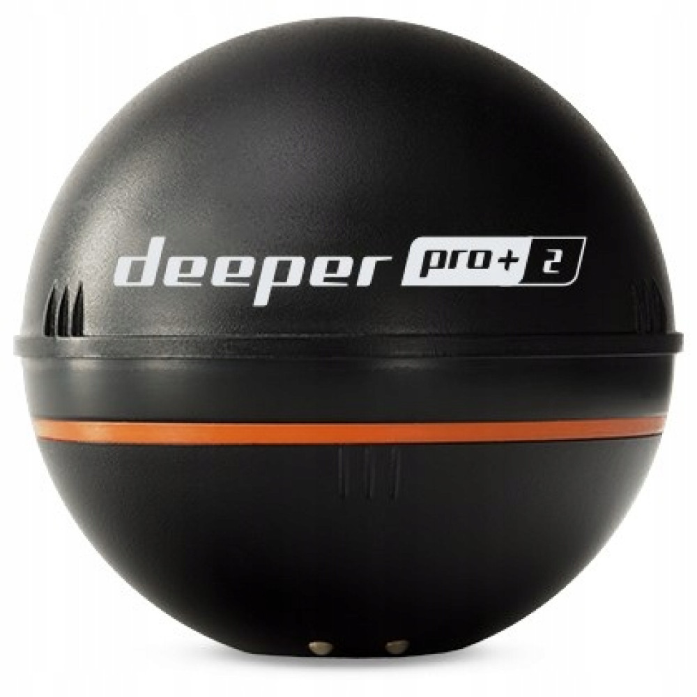 Ein schwarzer runder Fischfinder mit dem Logo 'deeper pro+ 2' und einem orangen Streifen.
