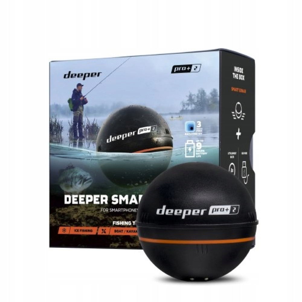 Ein schwarzer Deeper Pro+ 2 Fischfinder mit orangefarbenen Akzenten, daneben die Verpackung.