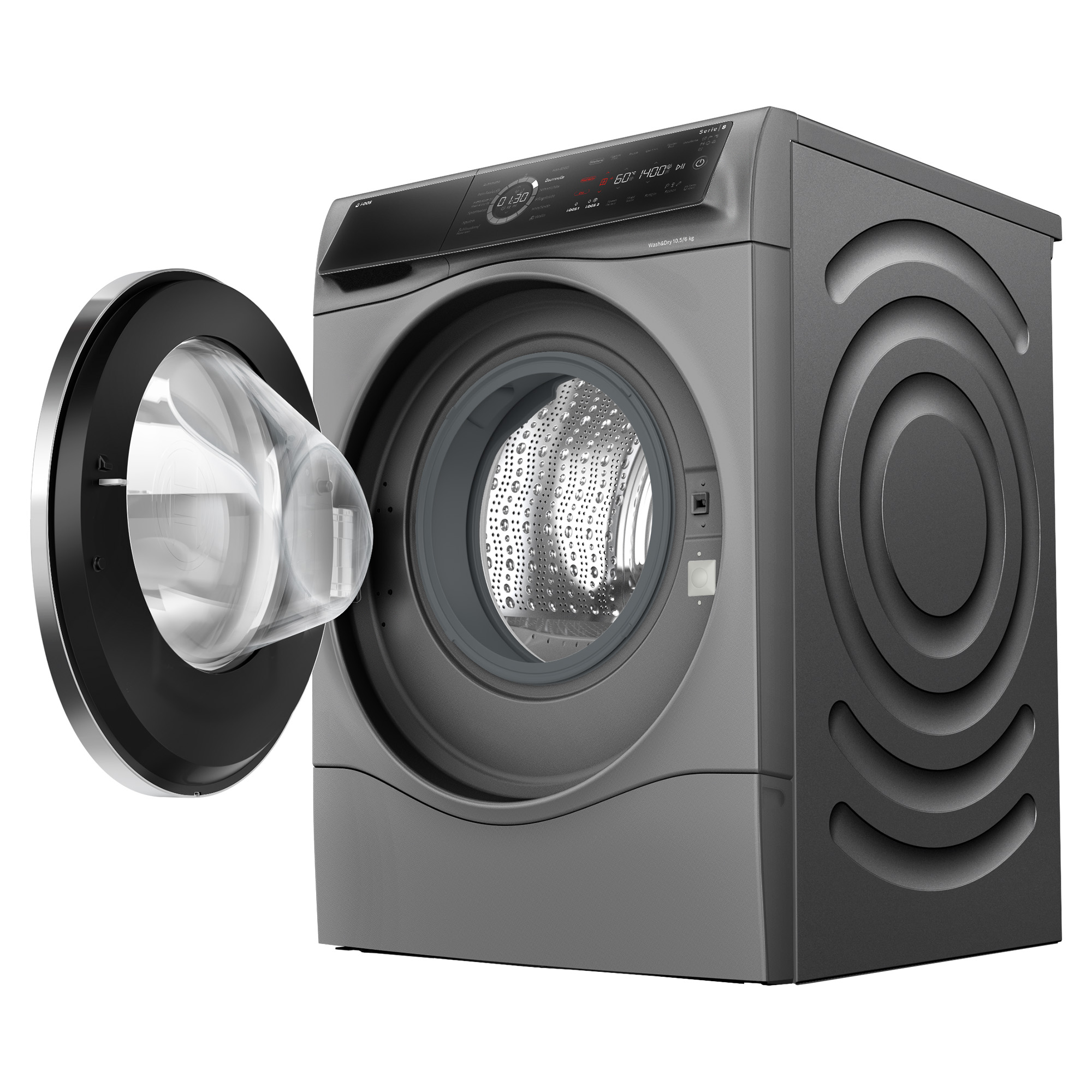 Graue Waschmaschine mit geöffneter Tür und digitalem Display. Auf weißem Hintergrund.