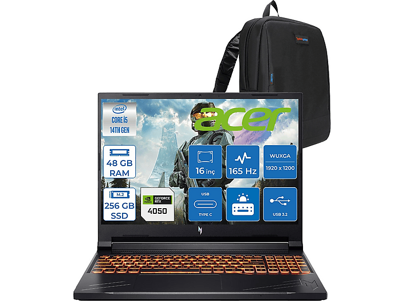 ACER Nitro ANV16 RTX4050 85W 6 GB 165 Hz NHQTREY001F21 Intel Core i5-14450HX 48 GB RAM 256 GB SSD 16 inç FreeDOS Laptop+Çanta Siyah