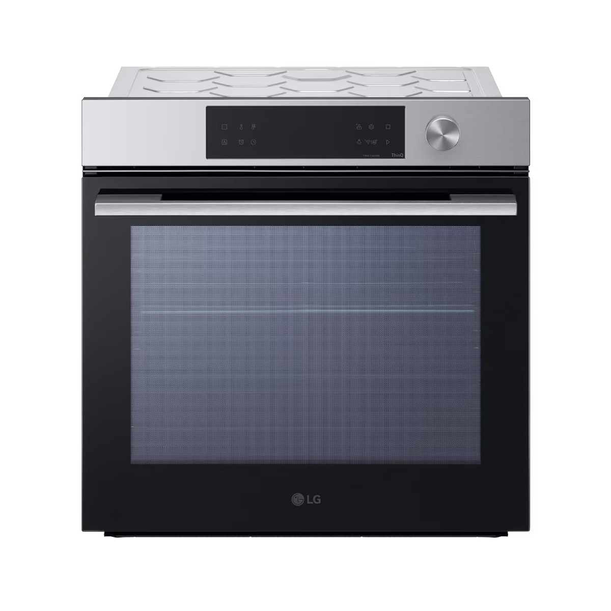 Horno LG moderno con puerta de cristal negra y panel digital.