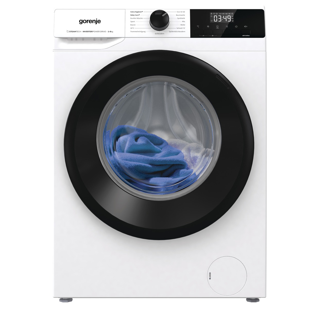 Weiße Gorenje Waschmaschine mit schwarzem Bullauge und blauer Wäsche.