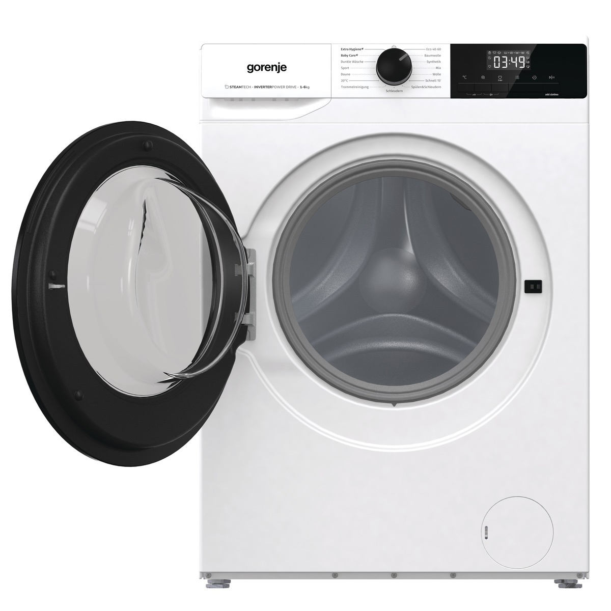 Eine weiße Gorenje Waschmaschine mit geöffneter Tür. Die Trommel ist sichtbar.