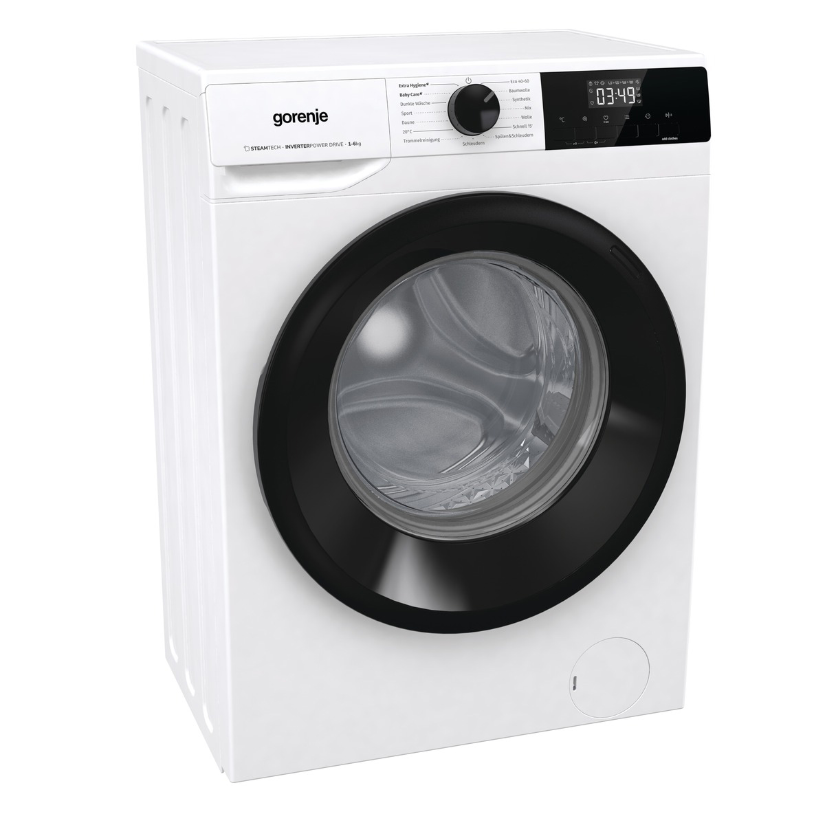 Eine weiße Gorenje Waschmaschine mit schwarzem Bullauge und Bedienfeld.