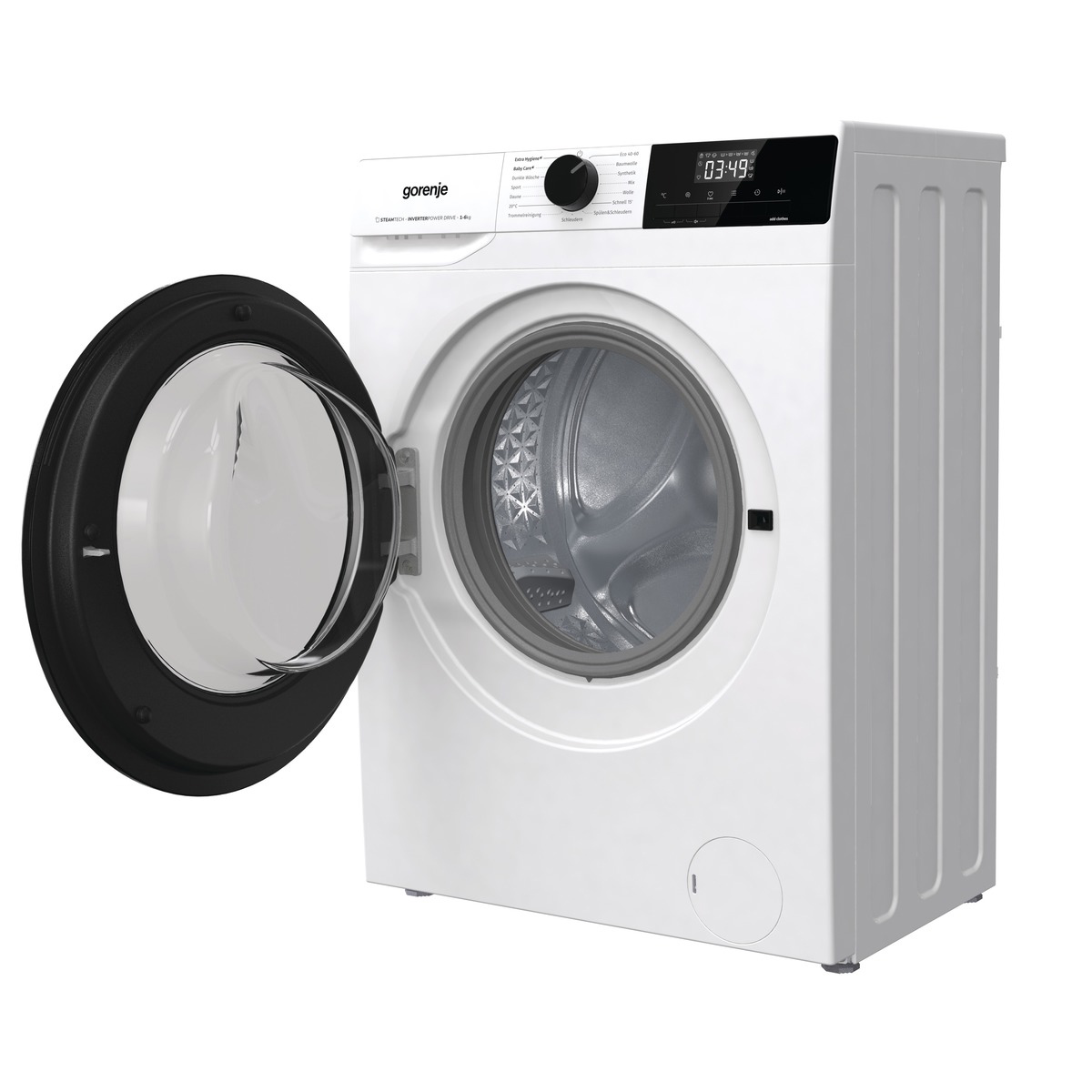 Eine weiße Gorenje Waschmaschine mit geöffneter Tür.