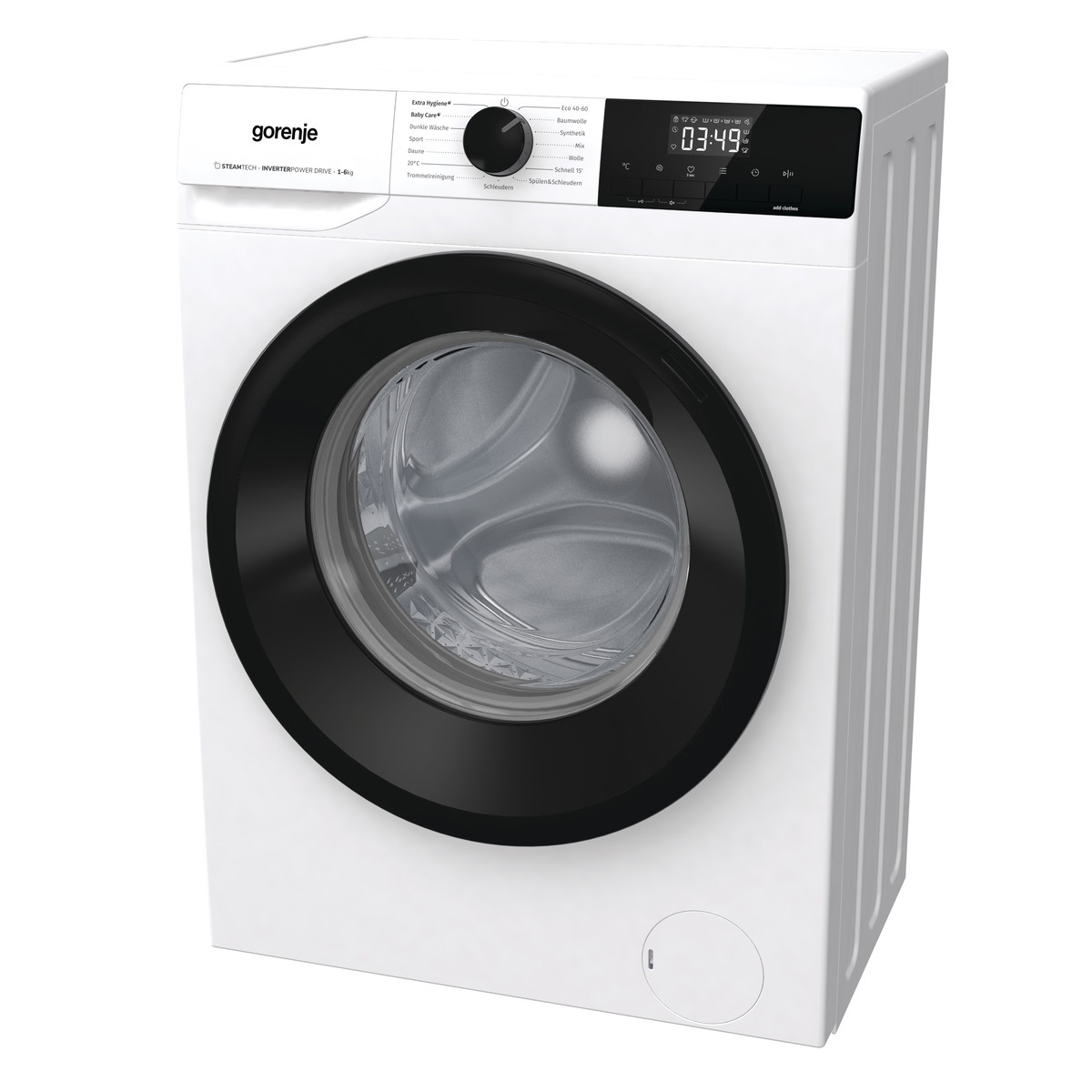 Eine weiße Gorenje Waschmaschine mit schwarzem Bullauge und digitaler Anzeige.