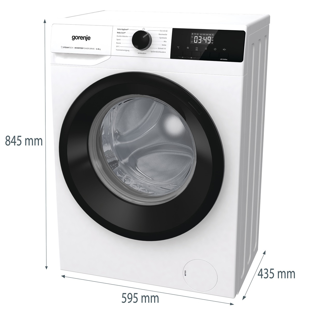 Eine weiße Gorenje Waschmaschine mit schwarzem Bullauge und digitalen Display.
