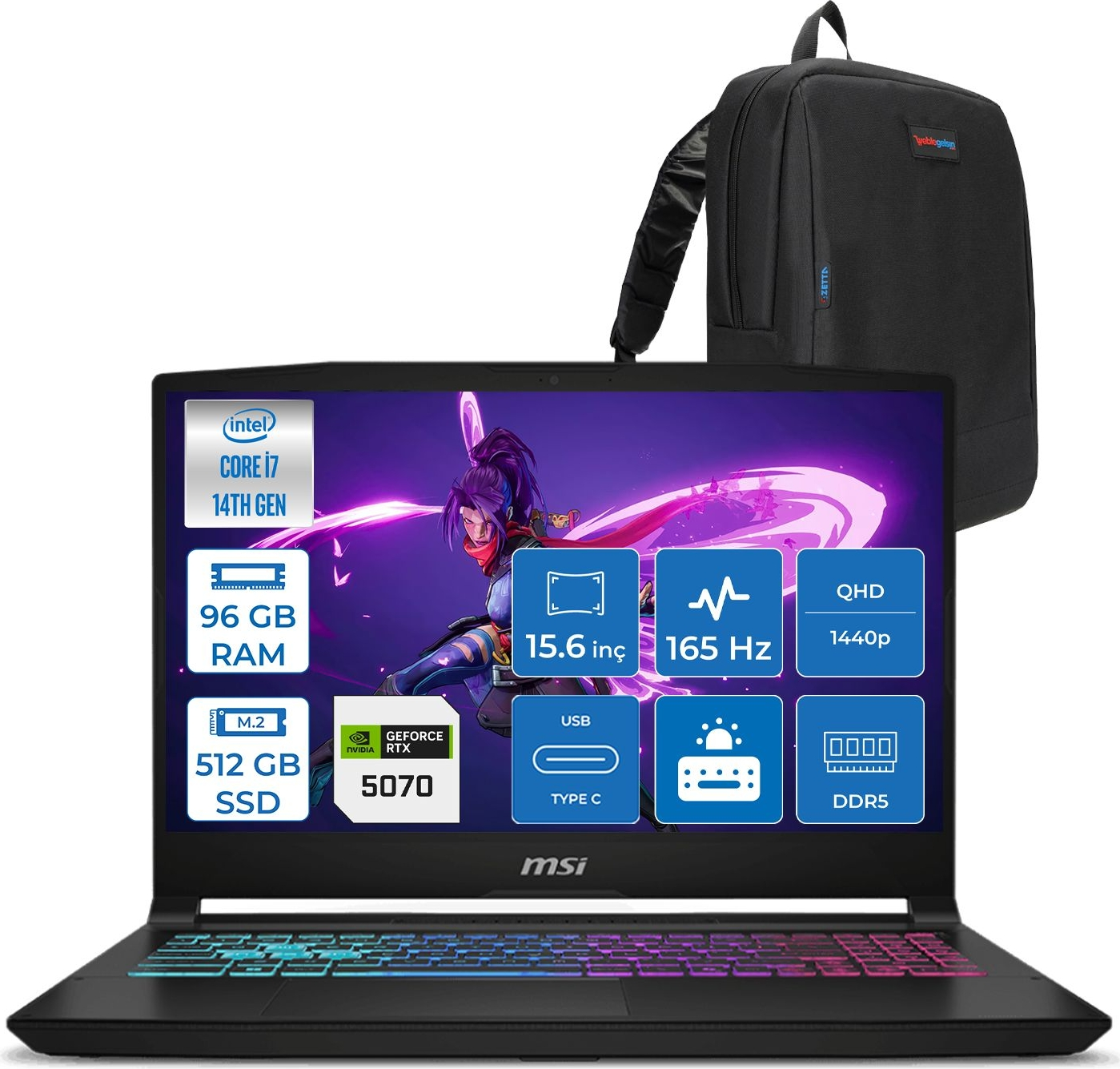 RGB klavyeli ve sırt çantalı siyah dizüstü bilgisayar. Ekrandaki özellikler.