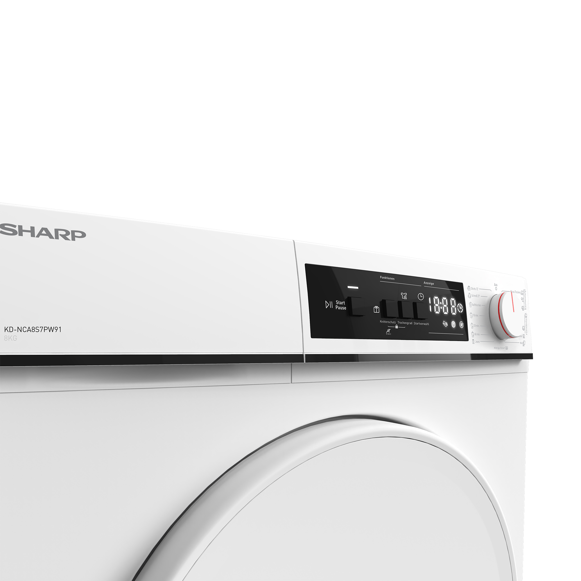 Weiße Waschmaschine mit digitalem Display, Drehknopf und Bedienelementen.