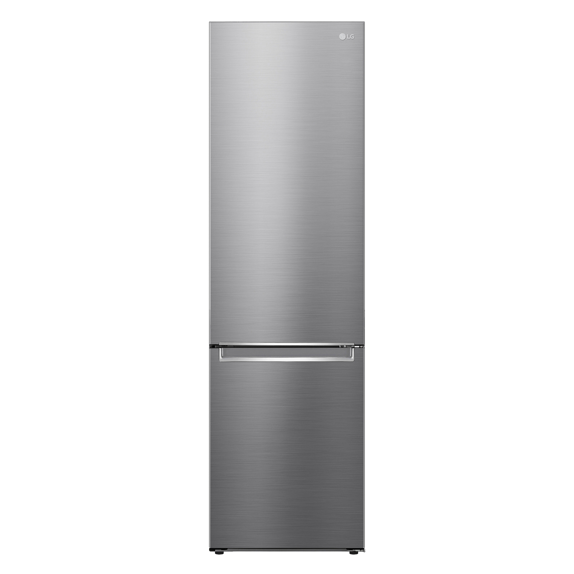Refrigerador LG gris con acabado metálico cepillado y asa plateada