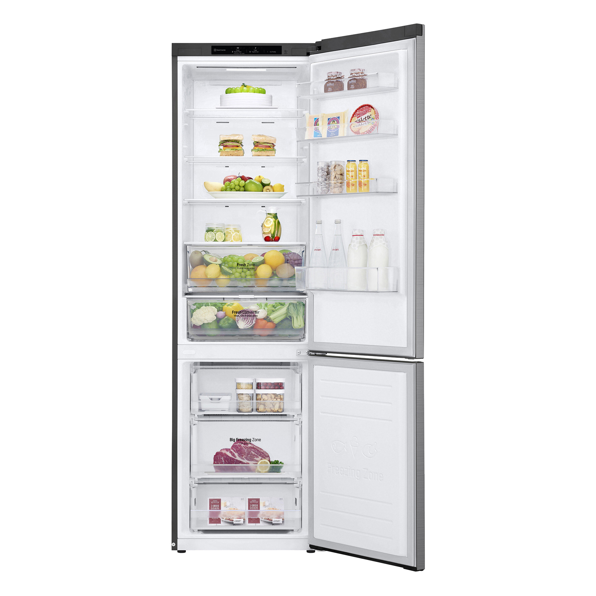 Un refrigerador abierto lleno de alimentos.