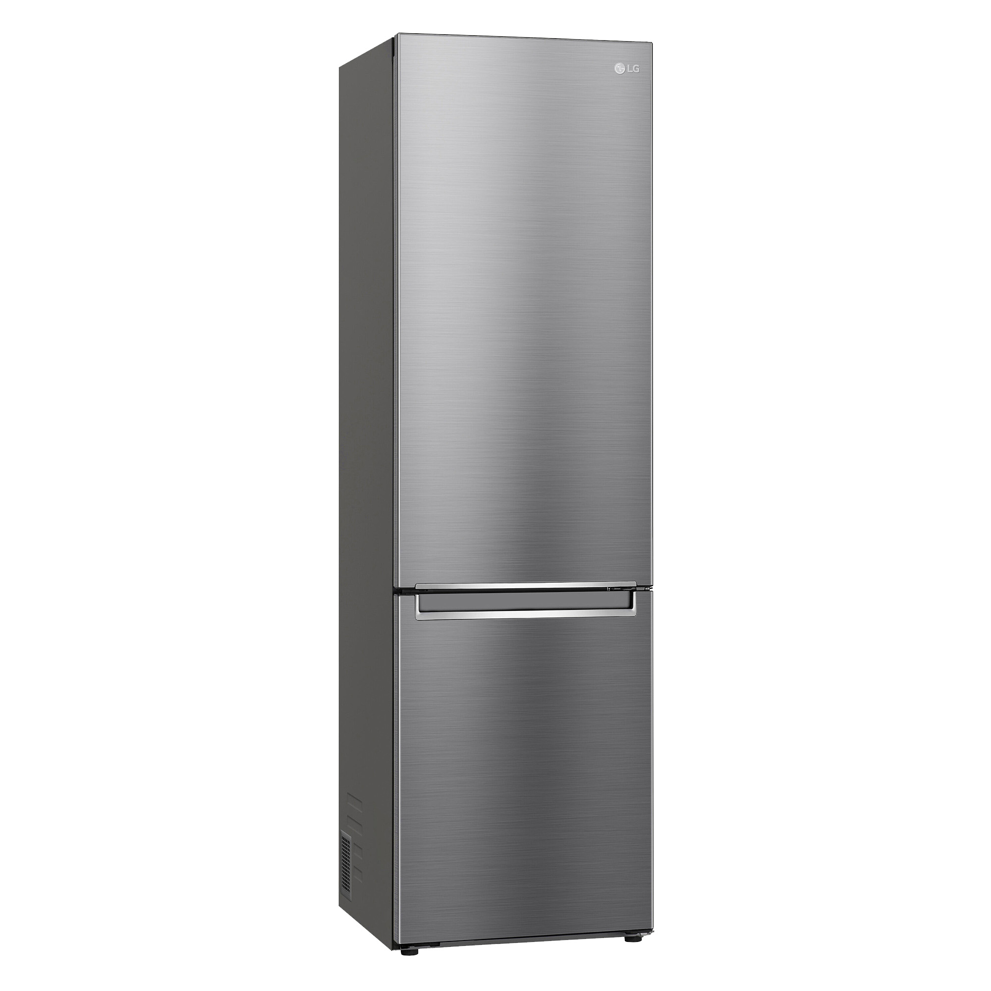 Refrigerador LG gris con dos puertas y acabado de metal cepillado.