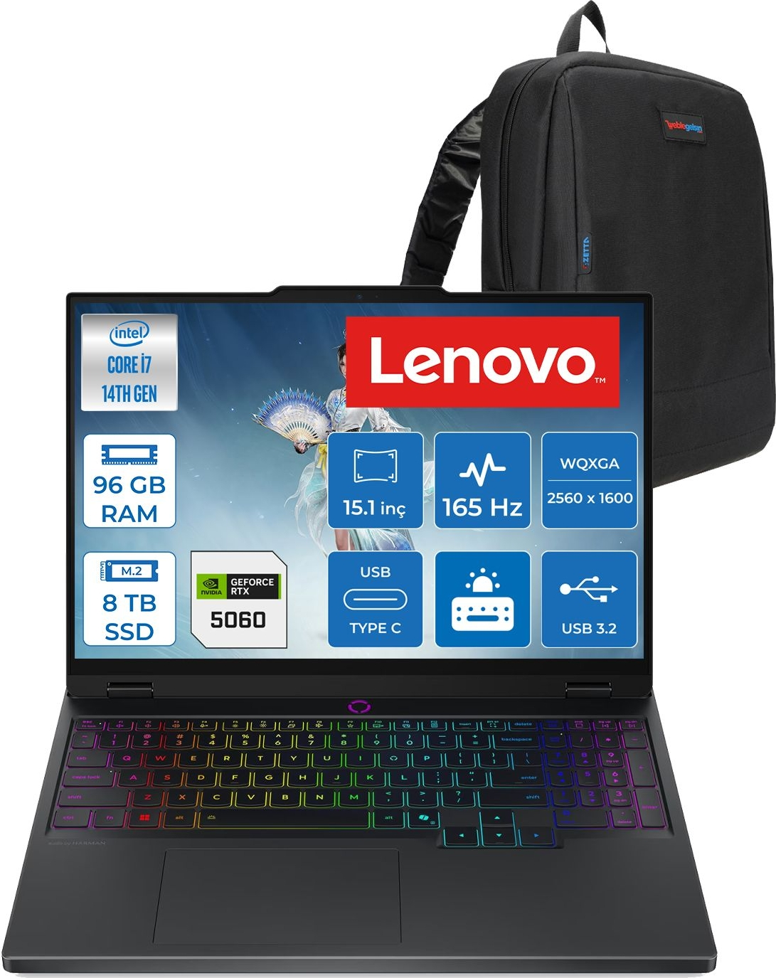 Intel Core i7, 96GB RAM, 8TB SSD, RTX 5060 Lenovo dizüstü ve sırt çantası.