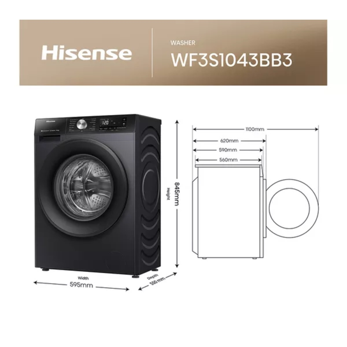 Lavadora Hisense negra con dimensiones: Al 845mm, An 595mm, Pr 550mm.