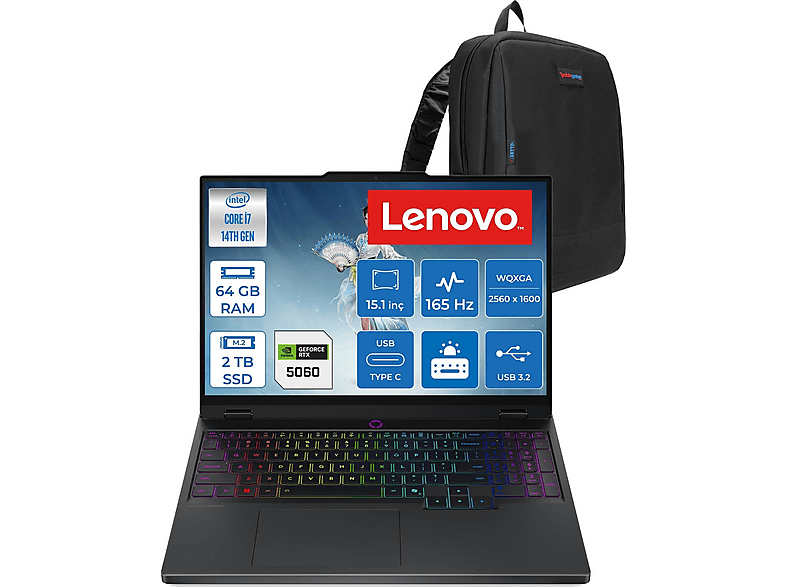 LENOVO Legion 5 15IRX10 RTX5060 8 GB 165 Hz W83LY00KXTRF33 Intel Core i7-14700HX 64 GB RAM 2 TB SSD 15,1 inç FreeDOS Laptop+Çanta Siyah