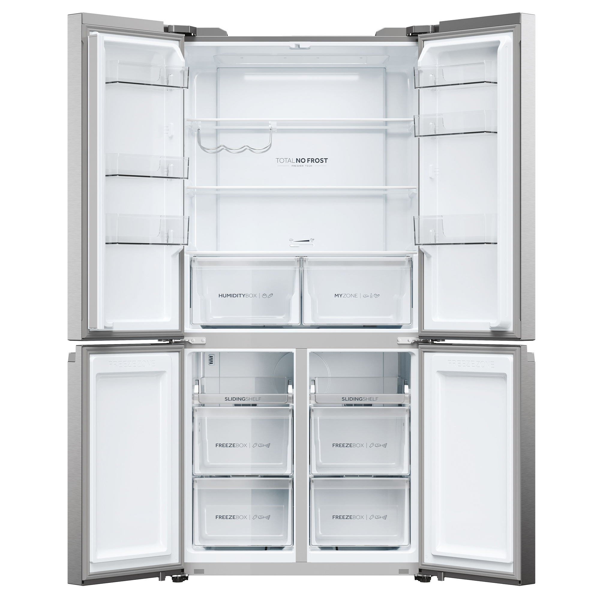 Refrigerador plateado abierto de cuatro puertas con estantes y cajones.