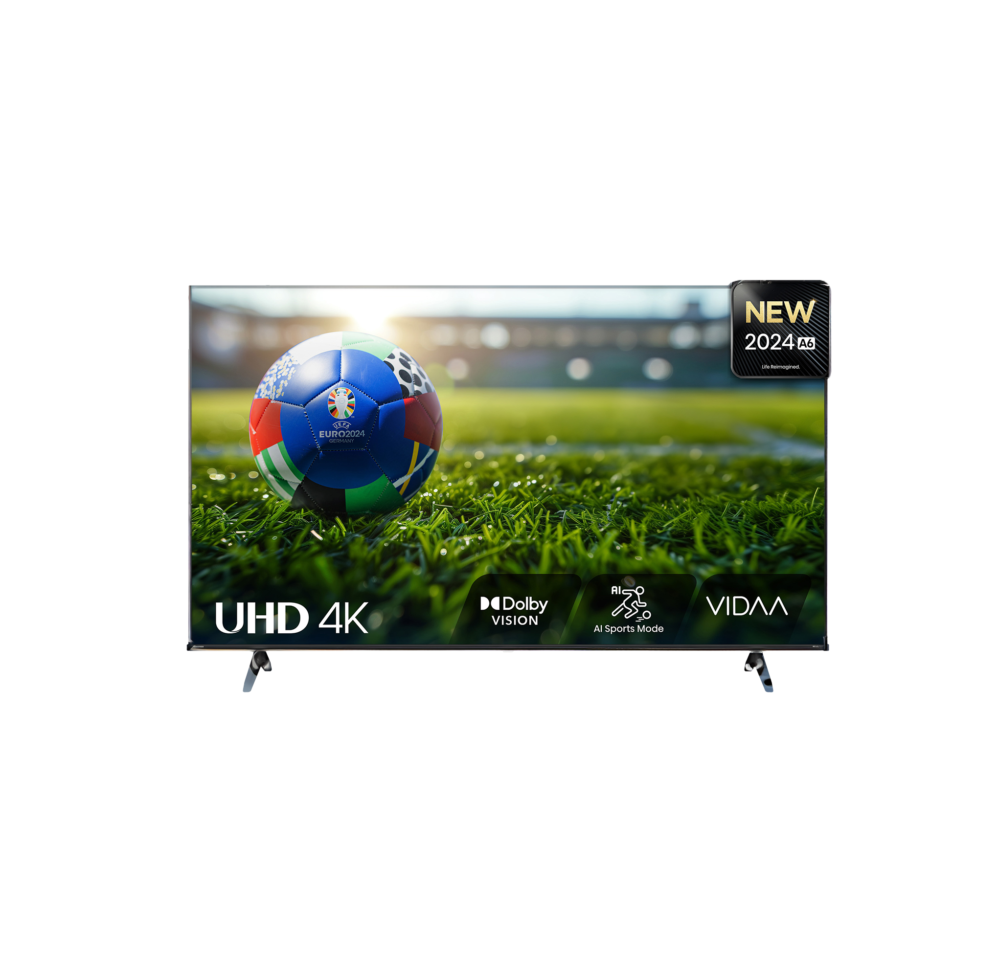Piłka nożna na boisku, wyświetlana na telewizorze UHD 4K.