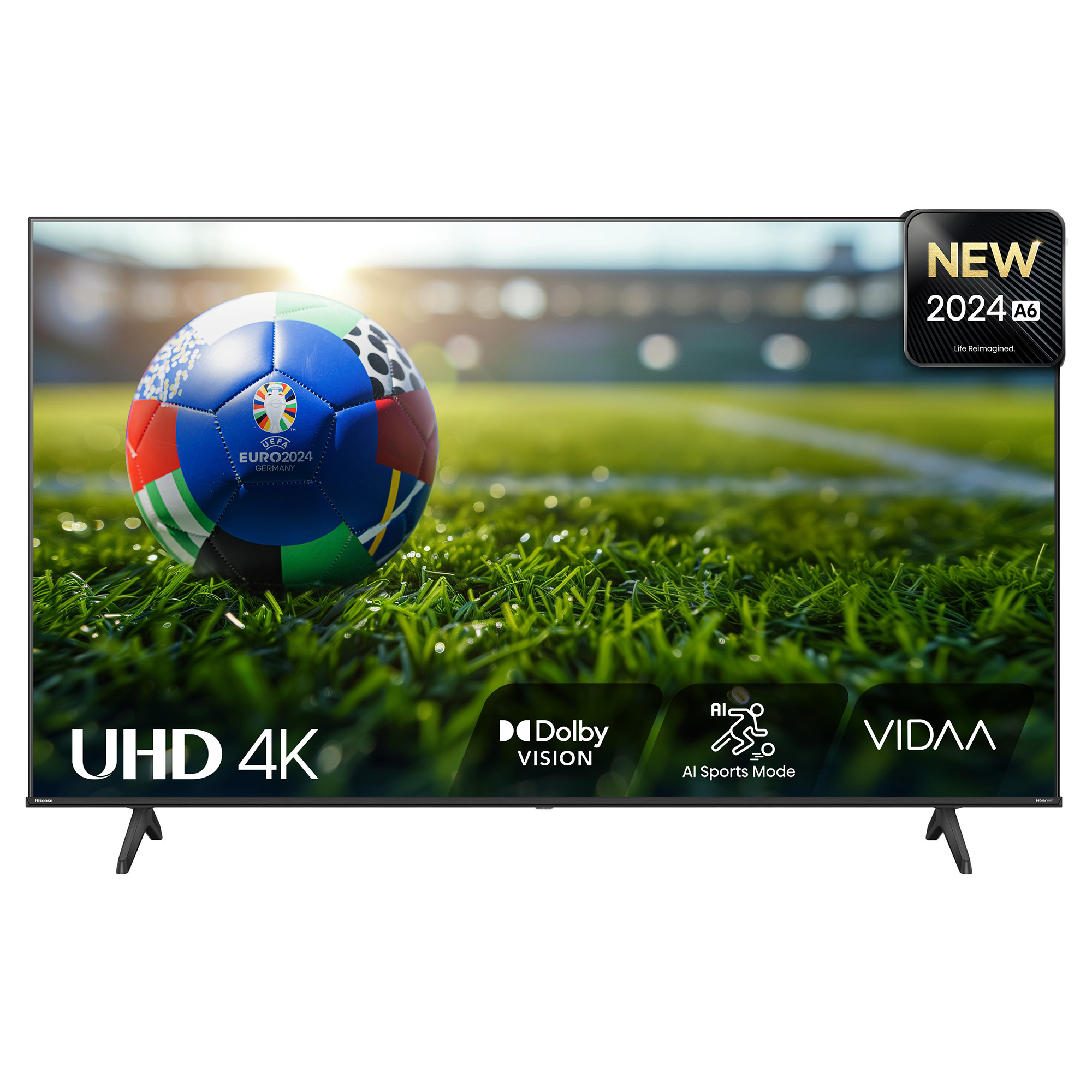 Telewizor UHD 4K wyświetla piłkę nożną na zielonym boisku. W rogu znajduje się plakietka "NOWOŚĆ 2024".