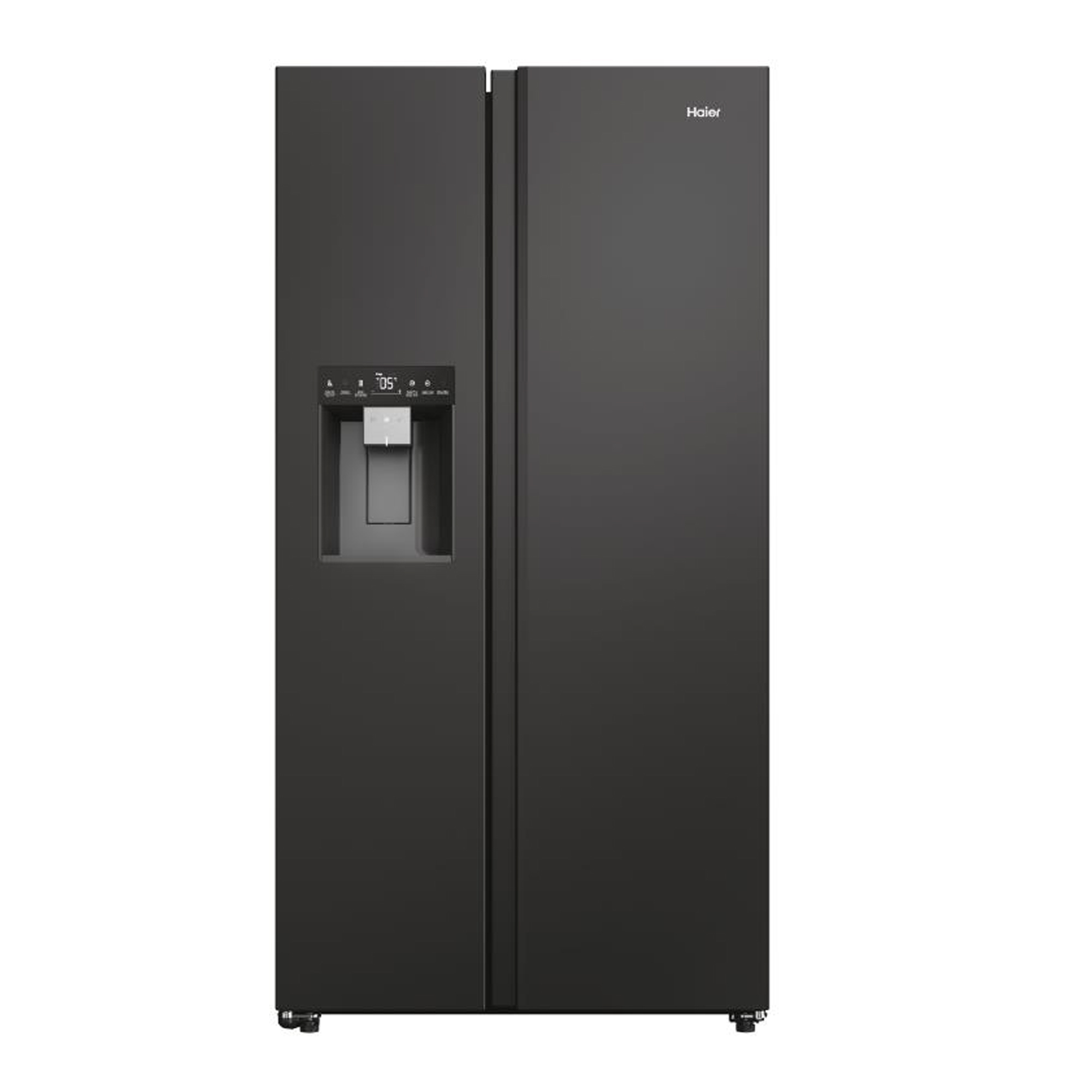 Frigorifero Haier nero side-by-side con dispenser d'acqua.