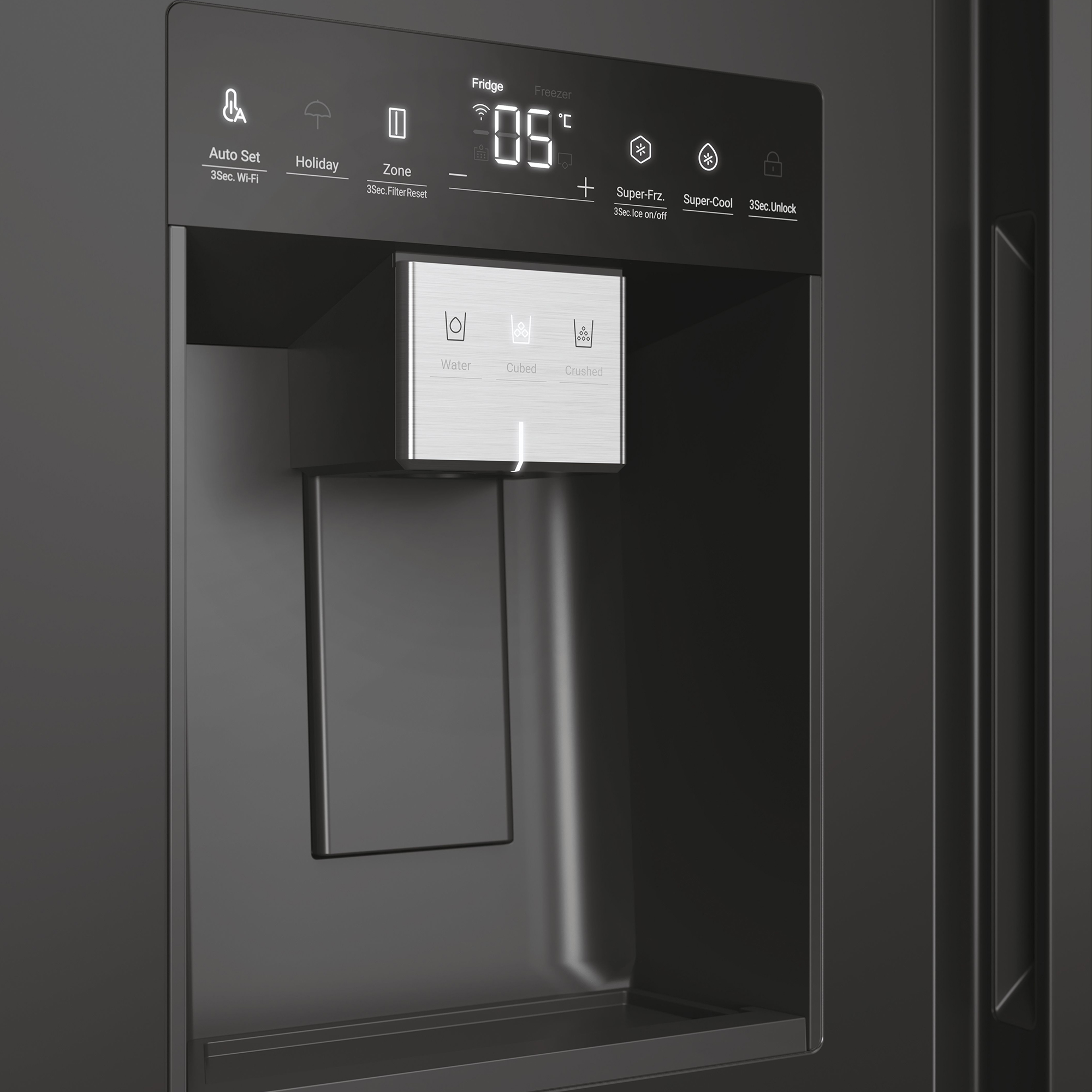 Un display del frigorifero con temperatura, icone e opzioni per acqua e ghiaccio.