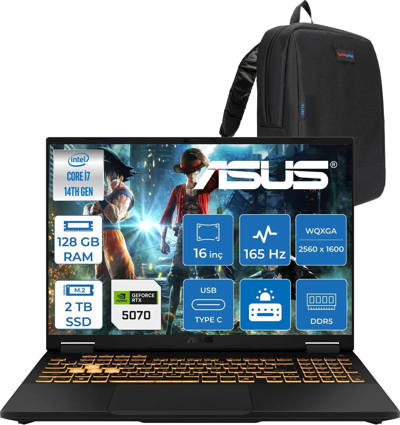 Arkadan aydınlatmalı klavyeli ve sırt çantalı siyah Asus dizüstü bilgisayar. Ekran özellikleri.