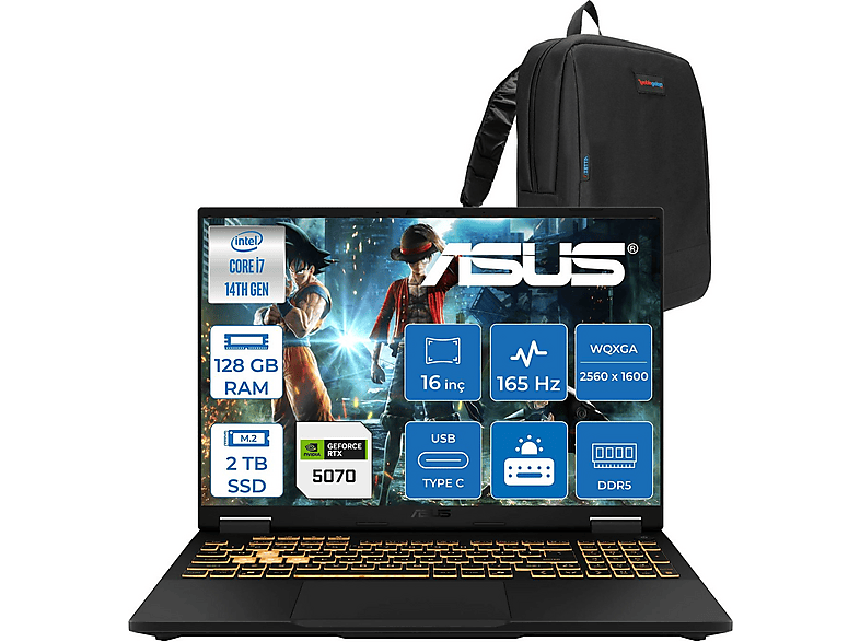 ASUS Tuf Gaming F16 FX608JPR RTX5070 WQT070F29128G Intel Core i7-14650HX 128 GB RAM 2 TB SSD 16 inç FreeDOS Laptop+Çanta Siyah