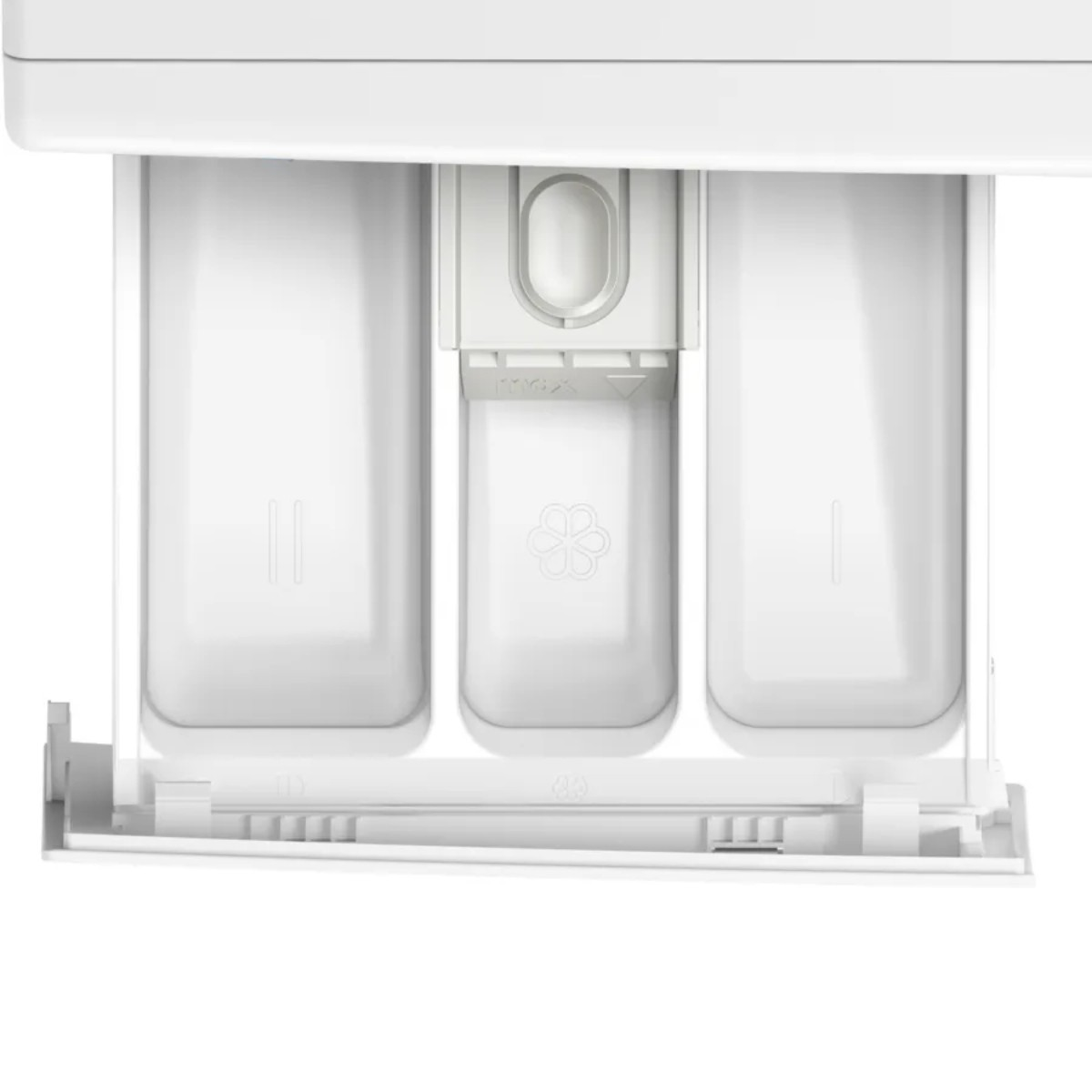 Cajón de detergente blanco con tres compartimentos.