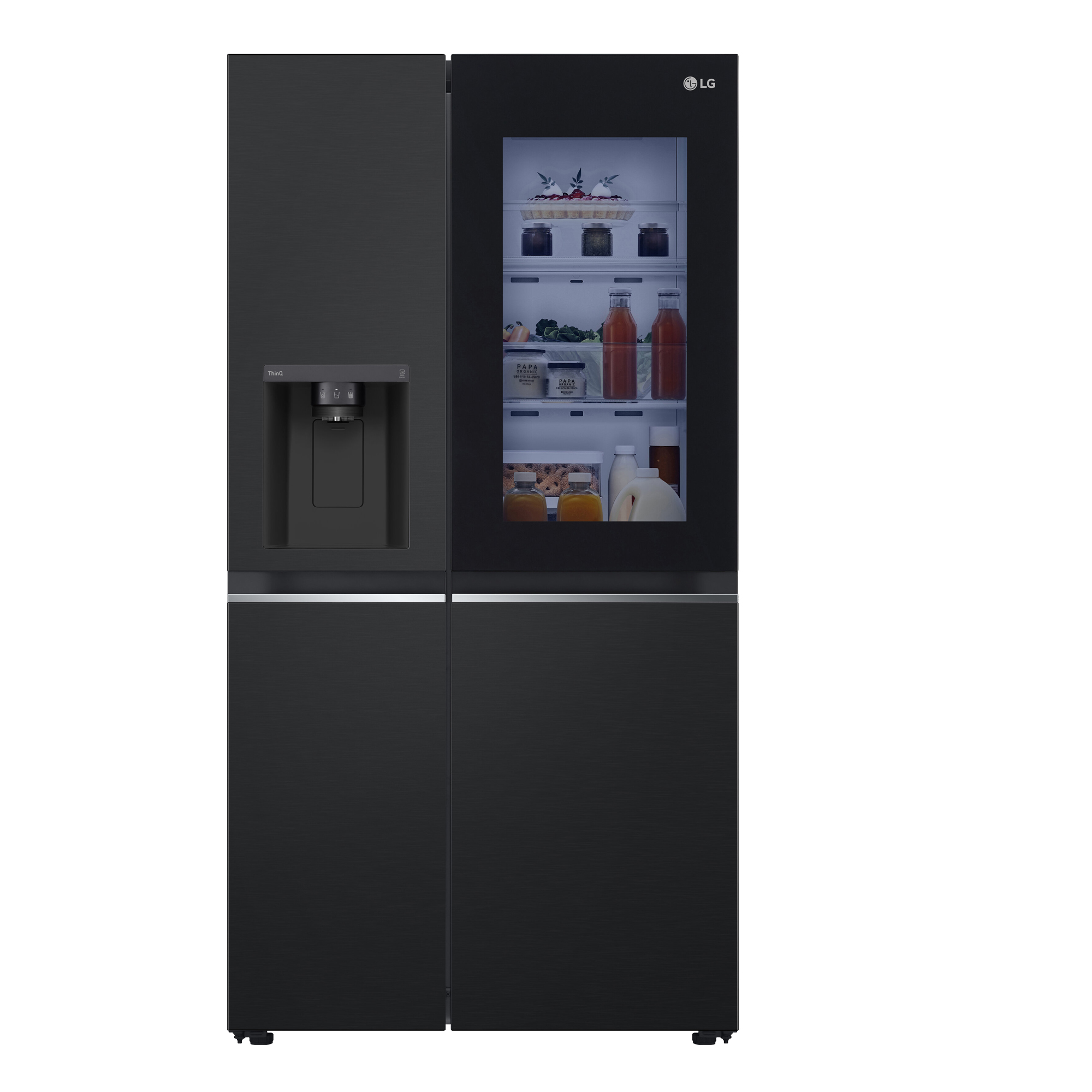 Schwarzer LG-Kühlschrank mit Glastür, zeigt Lebensmittel. Wasserspender links.