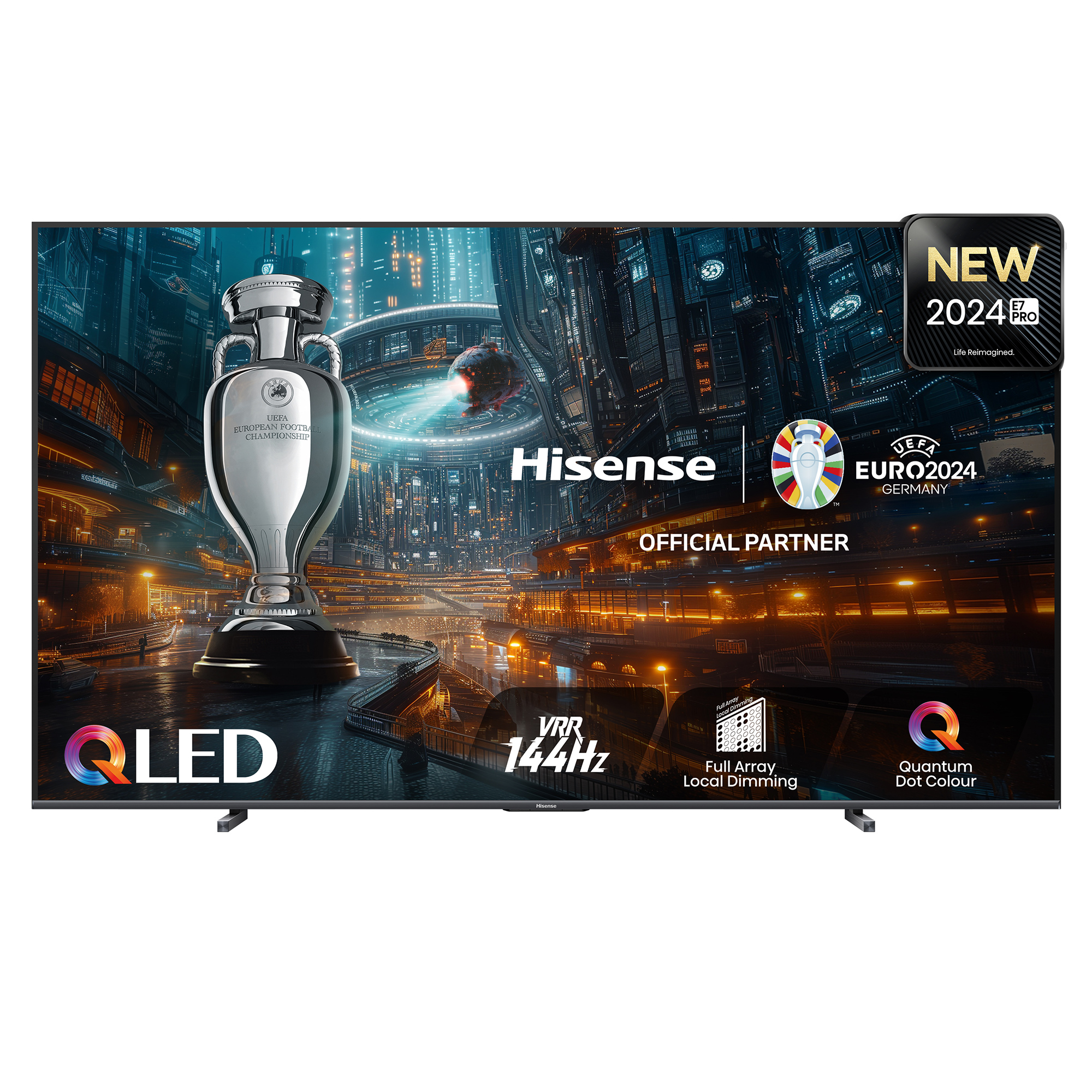 Hisense TV zeigt UEFA Euro 2024 Pokal, QLED-Logo, VRR 144Hz & futuristische Stadt.
