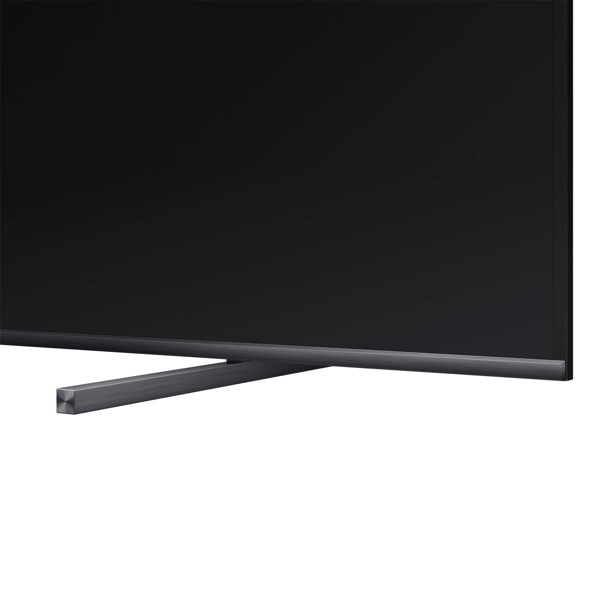 Ein schwarzer Fernseher mit einem silbernen Standfuß, nah aufgenommen.
