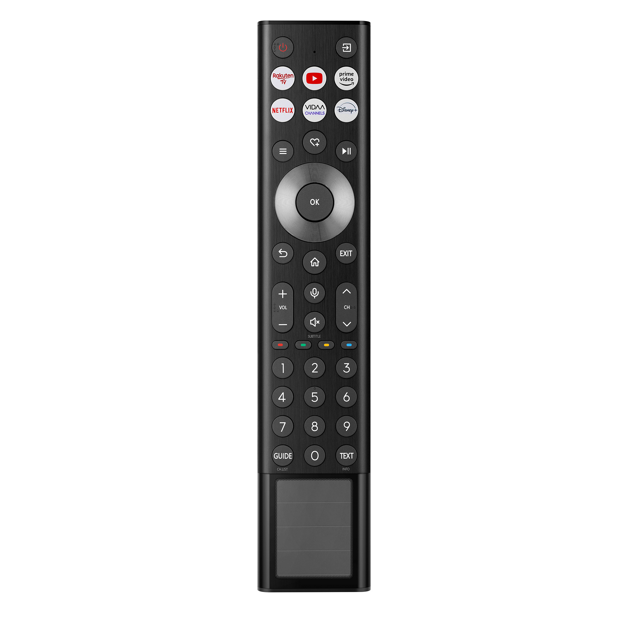 Schwarzer Fernbedienung mit Tasten für Rakuten TV, Netflix, Prime Video, Disney+.