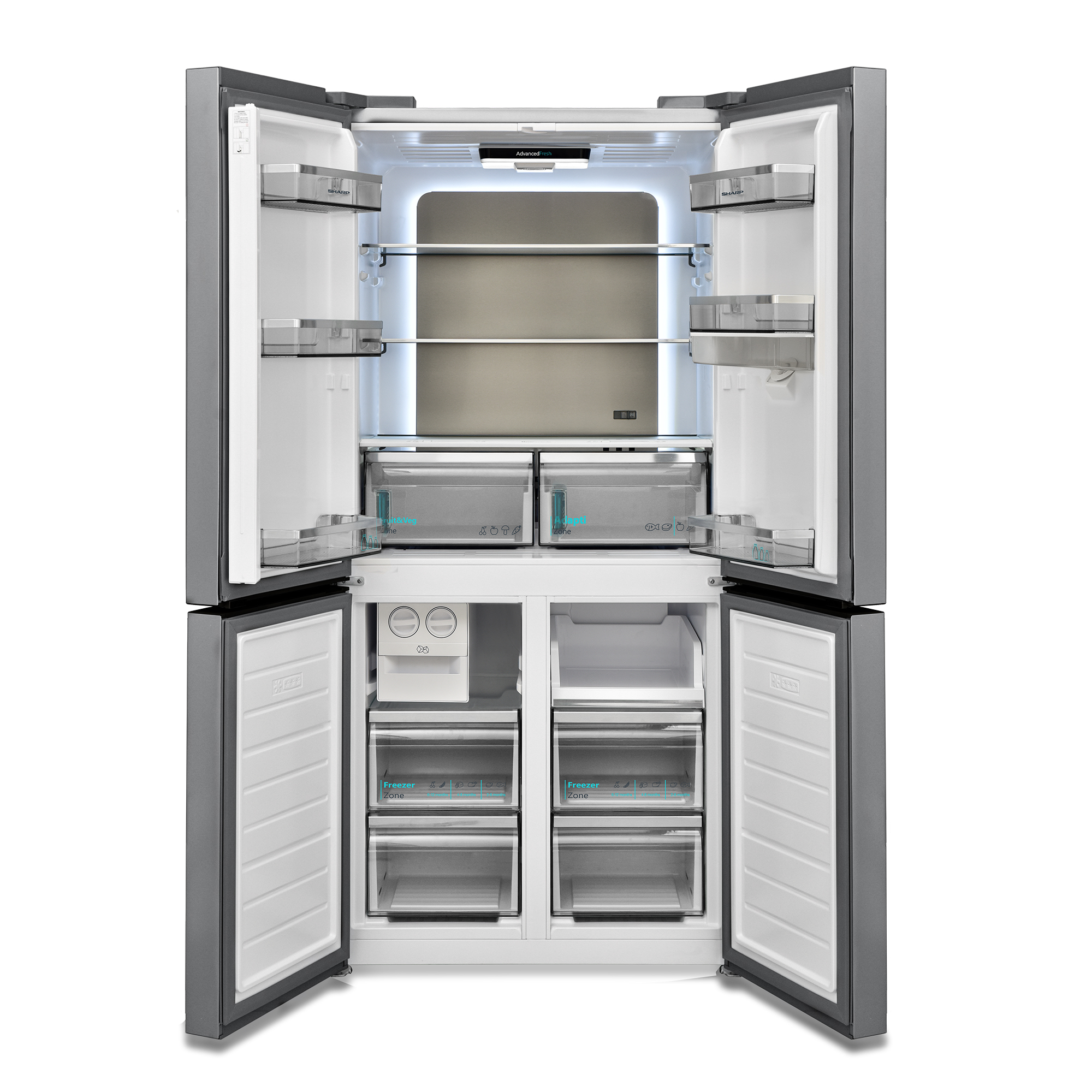 Ein offener Kühlschrank mit mehreren Fächern und Schubladen, beleuchtet.