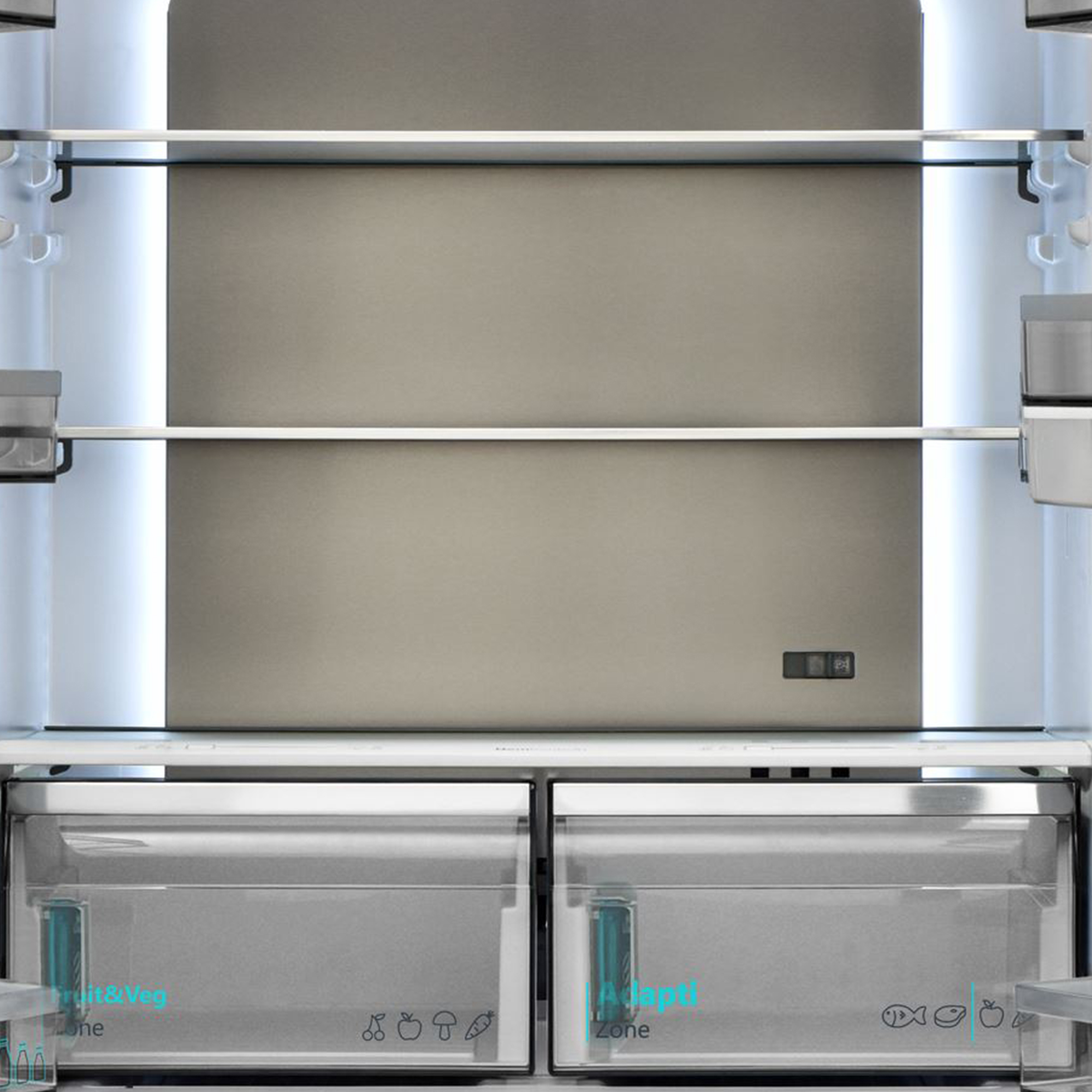 Ein leerer Kühlschrank mit zwei Schubladen unten und drei Glasböden.