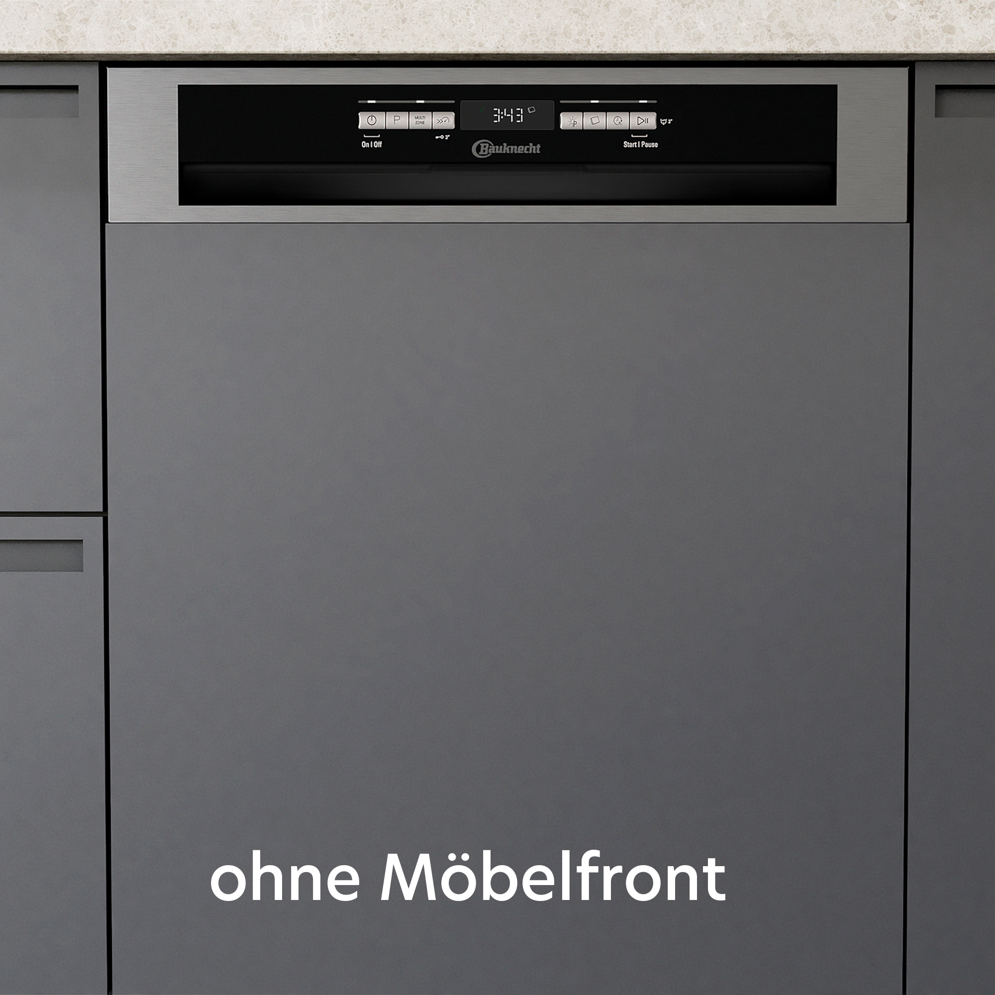 Grauer Geschirrspüler mit digitaler Anzeige und Bedienelementen. Kein Möbelpaneel.