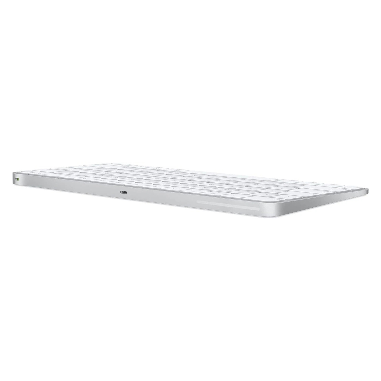 Eine schlanke, weiße Tastatur mit silbernem Rand auf weißem Hintergrund.
