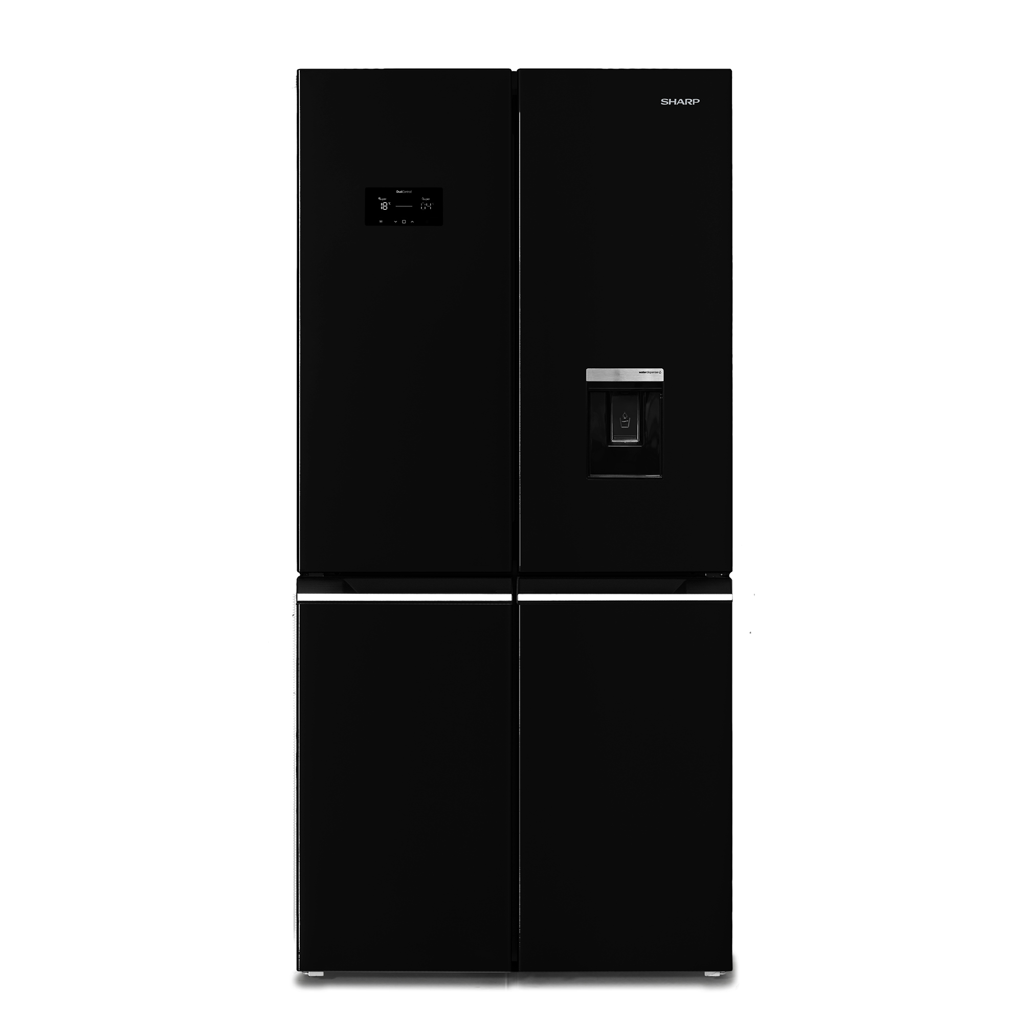 Schwarzer Kühlschrank mit vier Türen und Wasserspender. Digitale Anzeige.