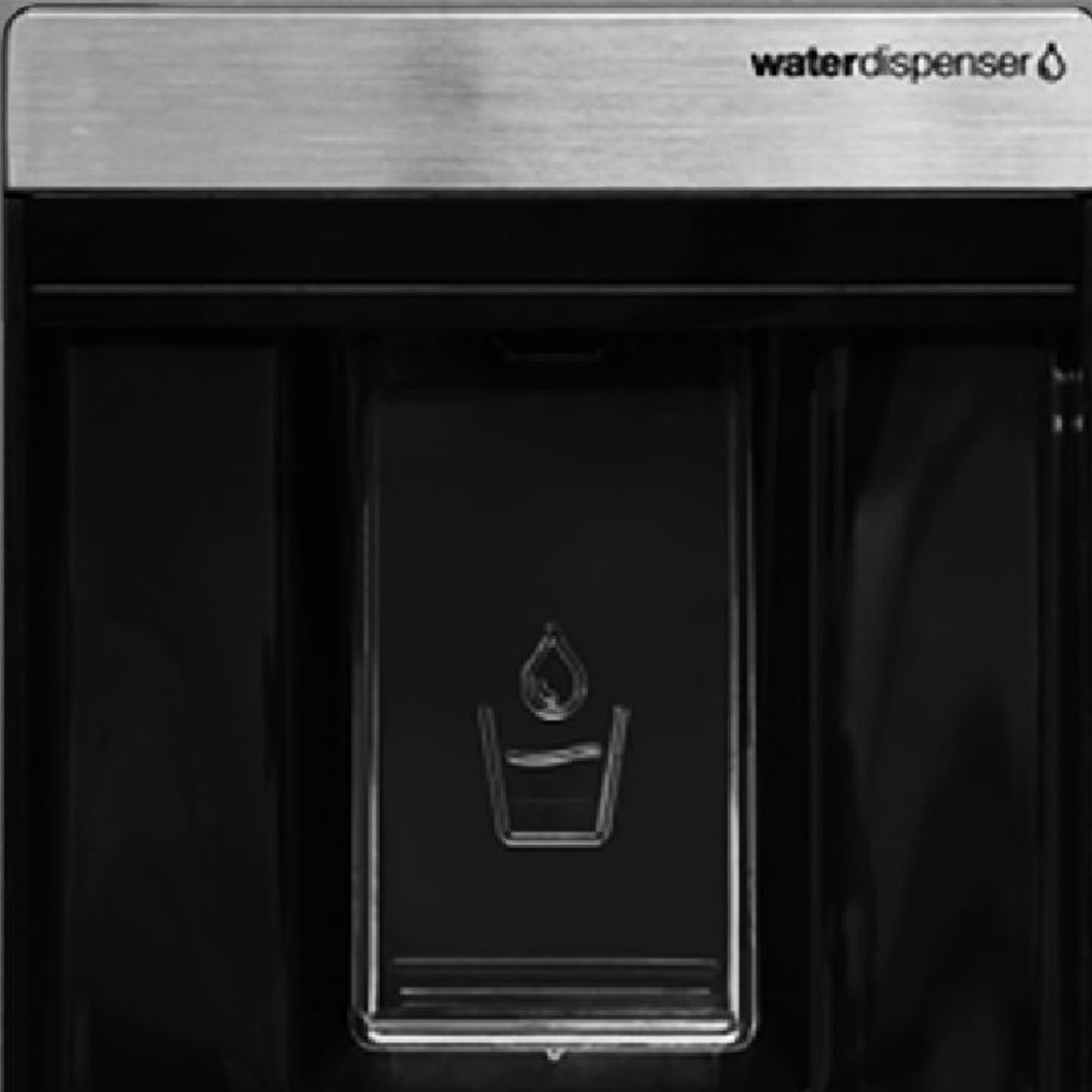 Wassertank mit einem "waterdispenser" Logo und einem Glas-Symbol.