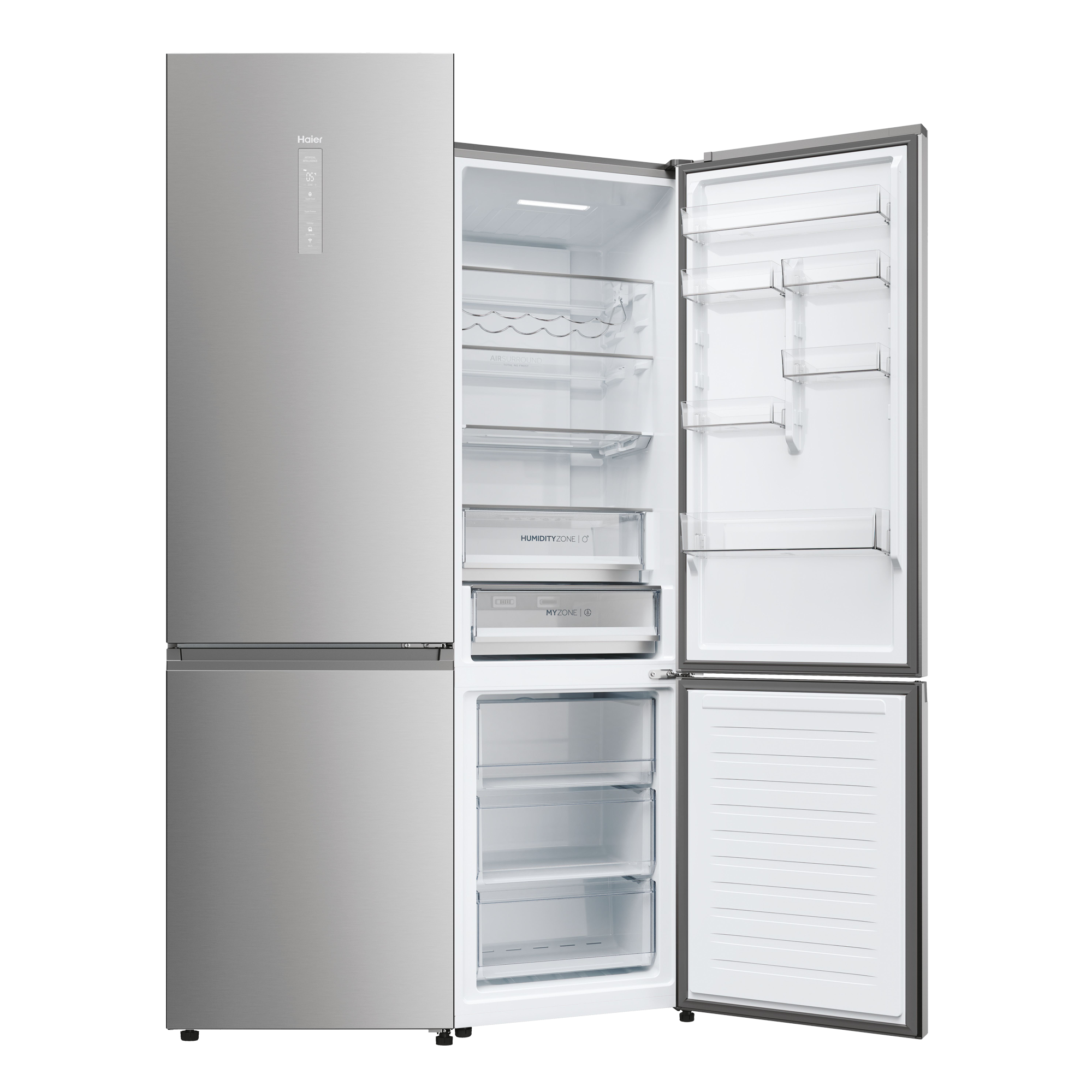Un refrigerador plateado con la puerta abierta, mostrando el interior.
