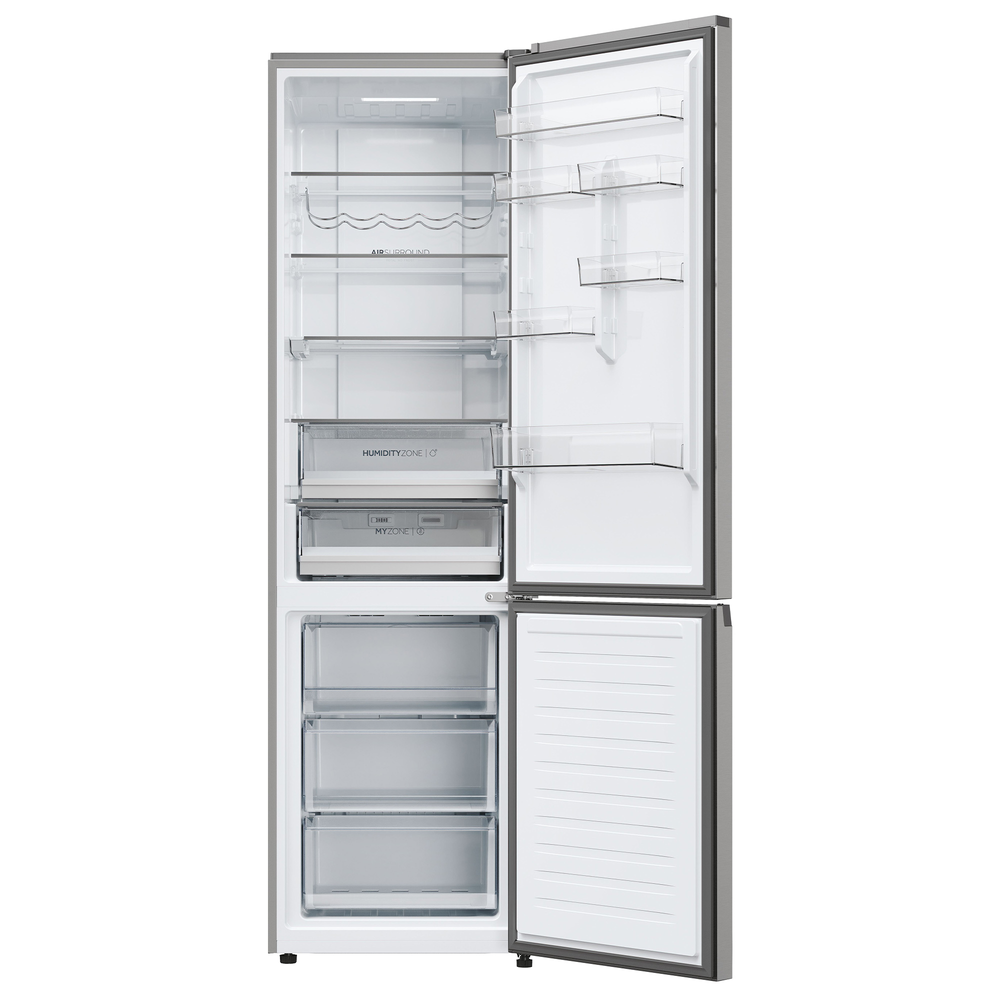 Un refrigerador plateado vacío con puertas abiertas, con estantes de cristal y cajones.