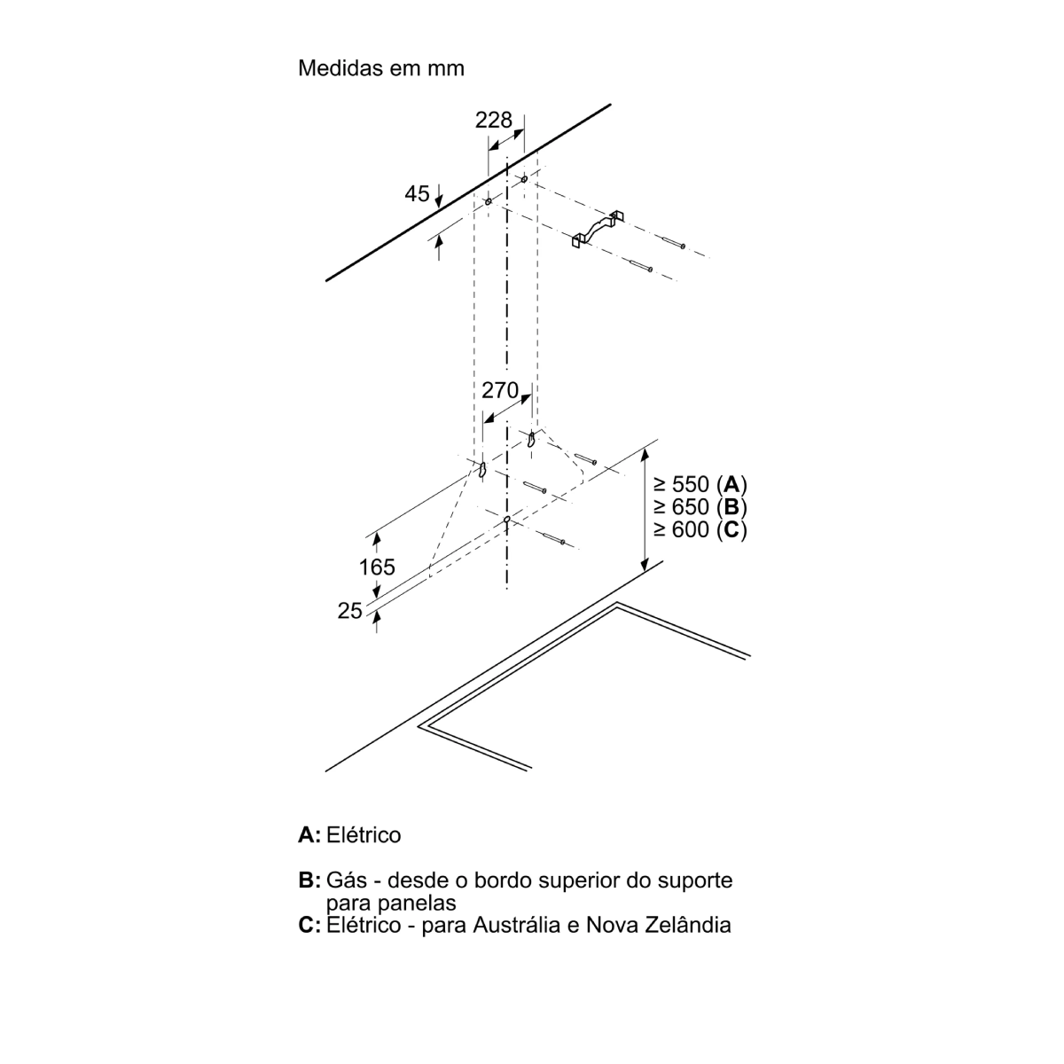 Disegno tecnico con dimensioni ed etichette per apparecchi elettrici e a gas.