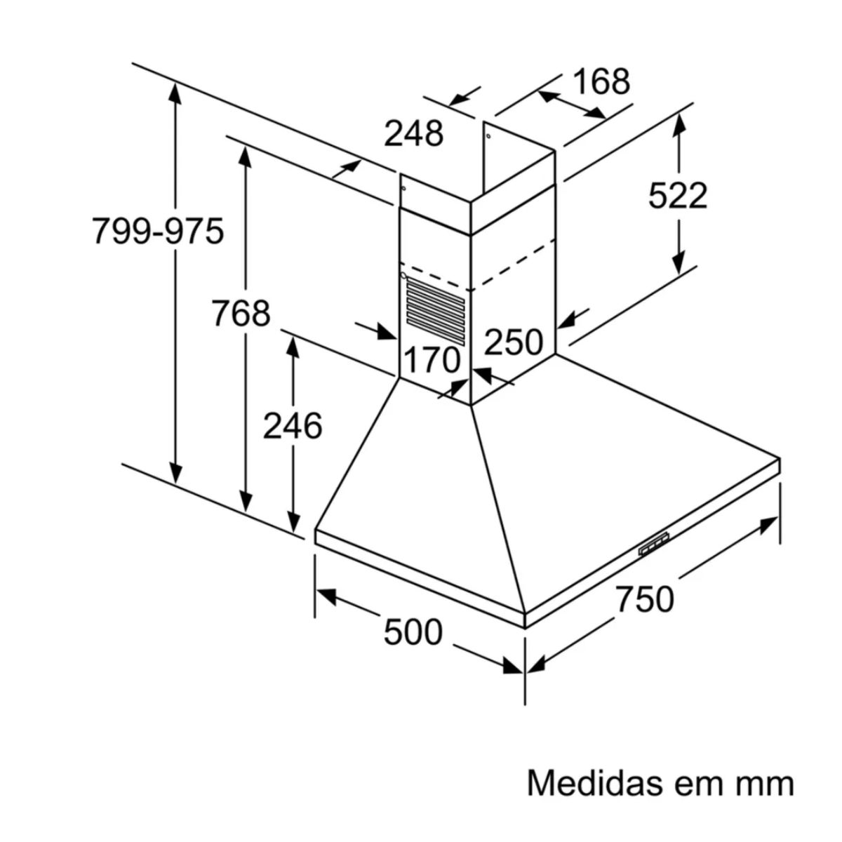 Disegno tecnico di una cappa da cucina con dimensioni in mm.
