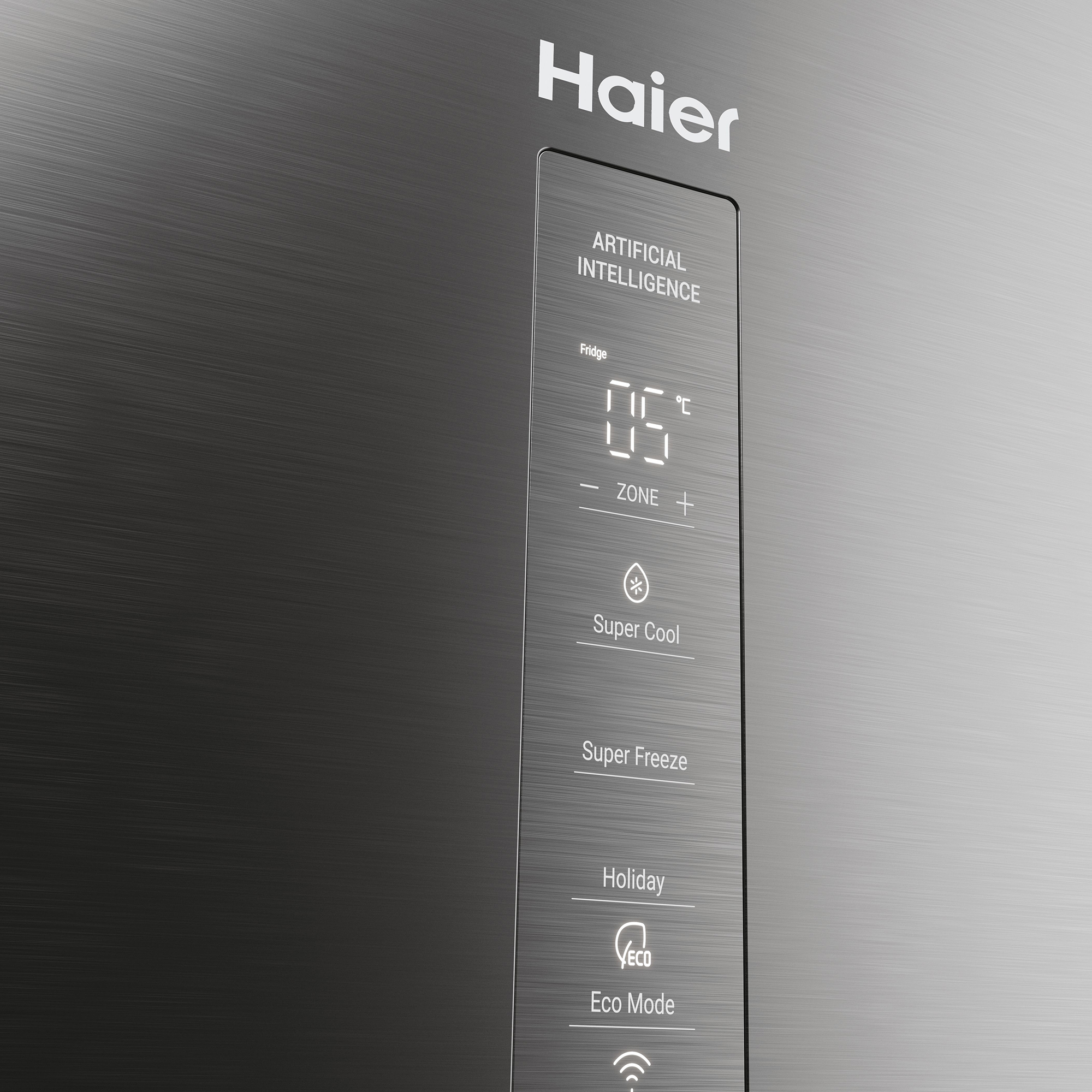 Pantalla de frigorífico Haier con "INTELIGENCIA ARTIFICIAL" y temperatura 5°C.