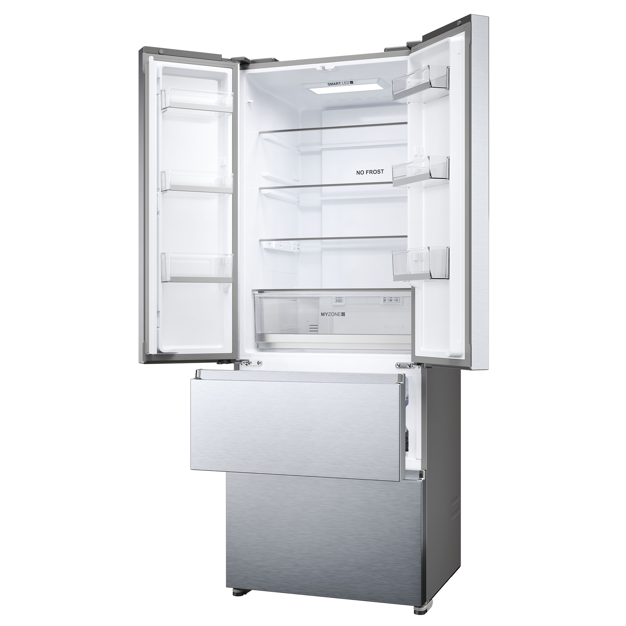 Un refrigerador plateado abierto con iluminación LED y estantes.