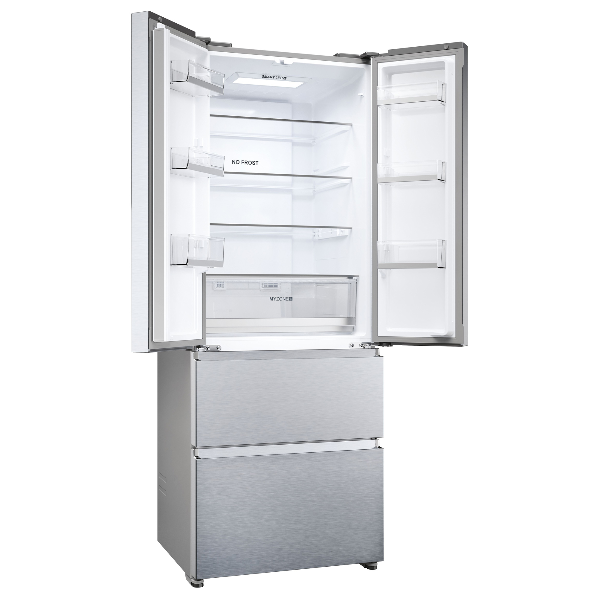 Un refrigerador plateado con puertas abiertas, luces interiores y estantes.