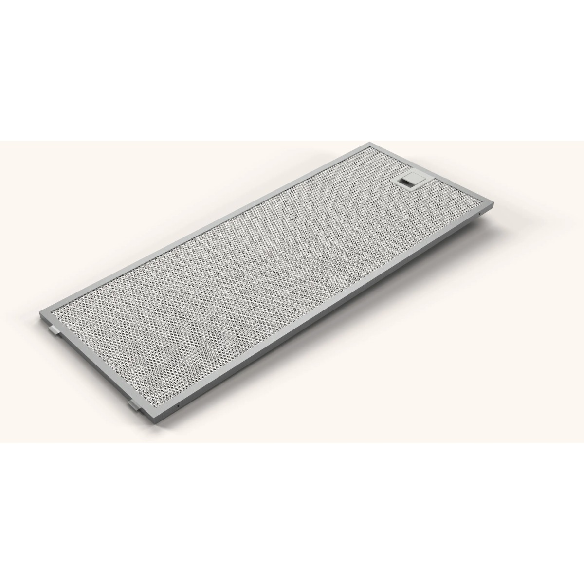 Un filtro rettangolare in metallo per cappa aspirante con cornice argentata.