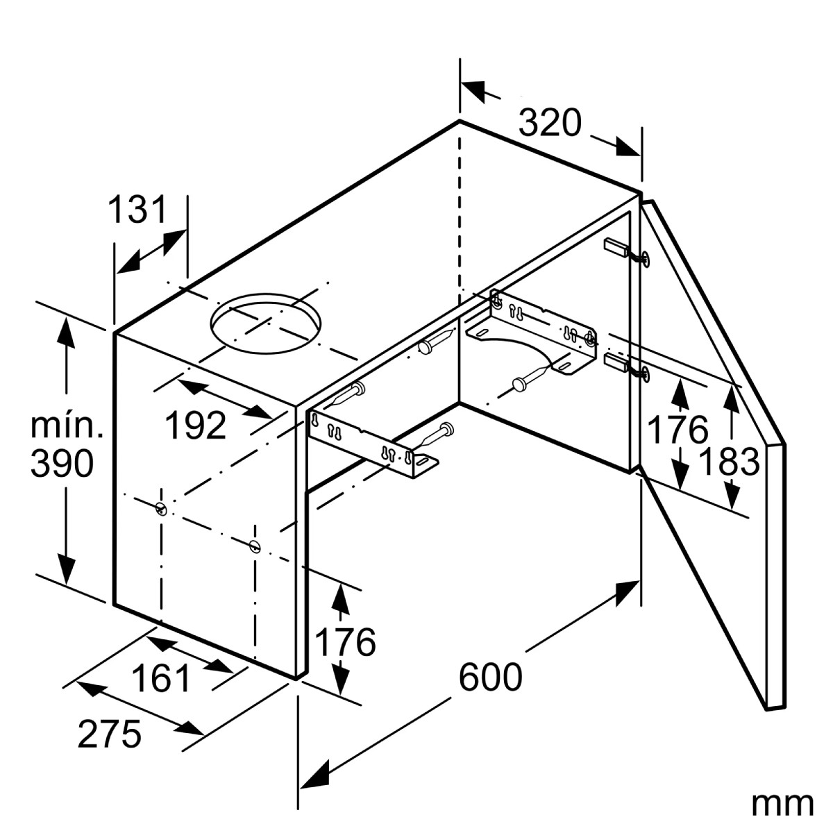 Disegno tecnico di un mobile con dimensioni e ferramenta.